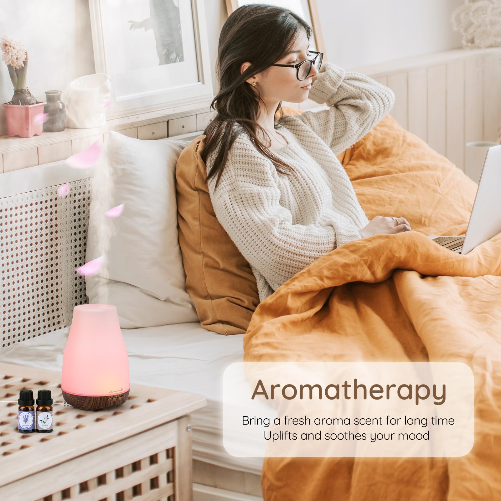 Diffuseur Homeweeks avec lumières sept couleurs pour ambiance relaxante.