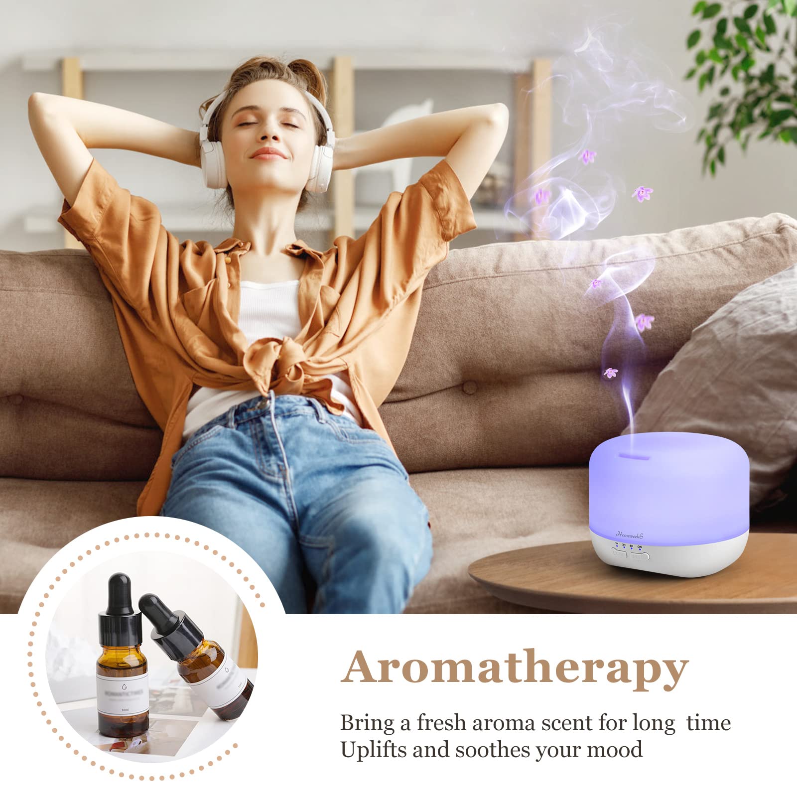 Diffuseur Homeweeks brume froide réglable pour humidifier délicatement l’espace.