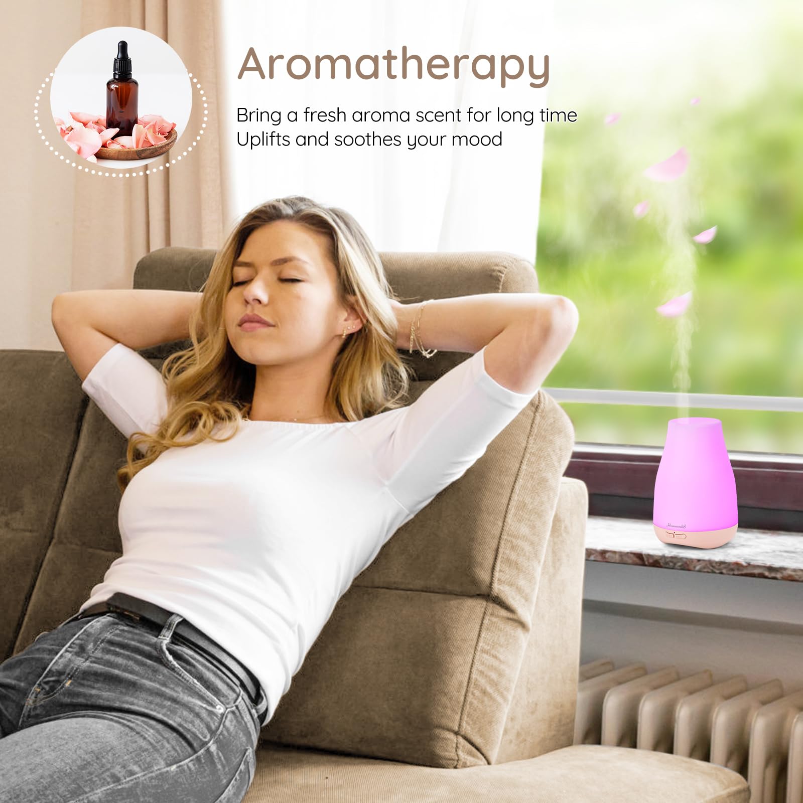 Diffuseur Homeweeks brume ajustable parfume et humidifie l’espace.