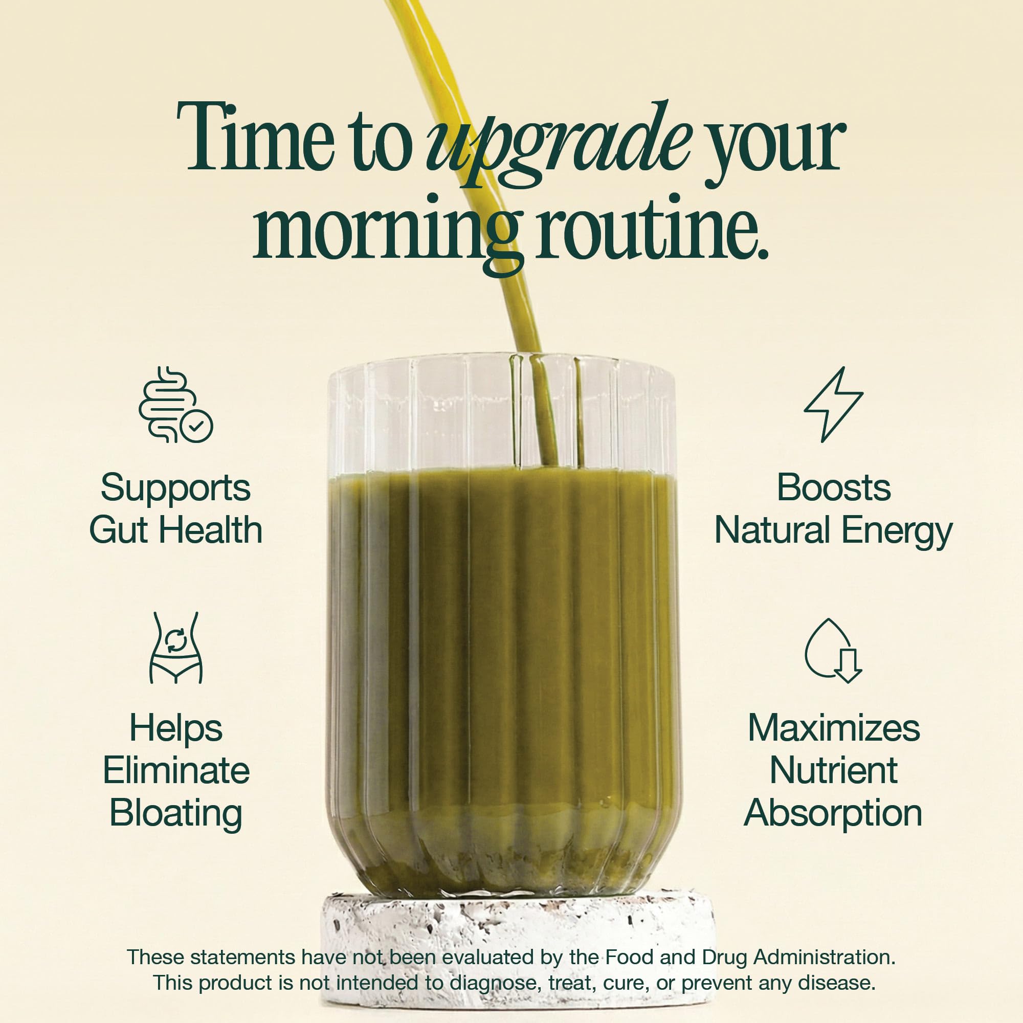 Hona Fiber + Greens dose et verre prêts, routine matinale énergisante.