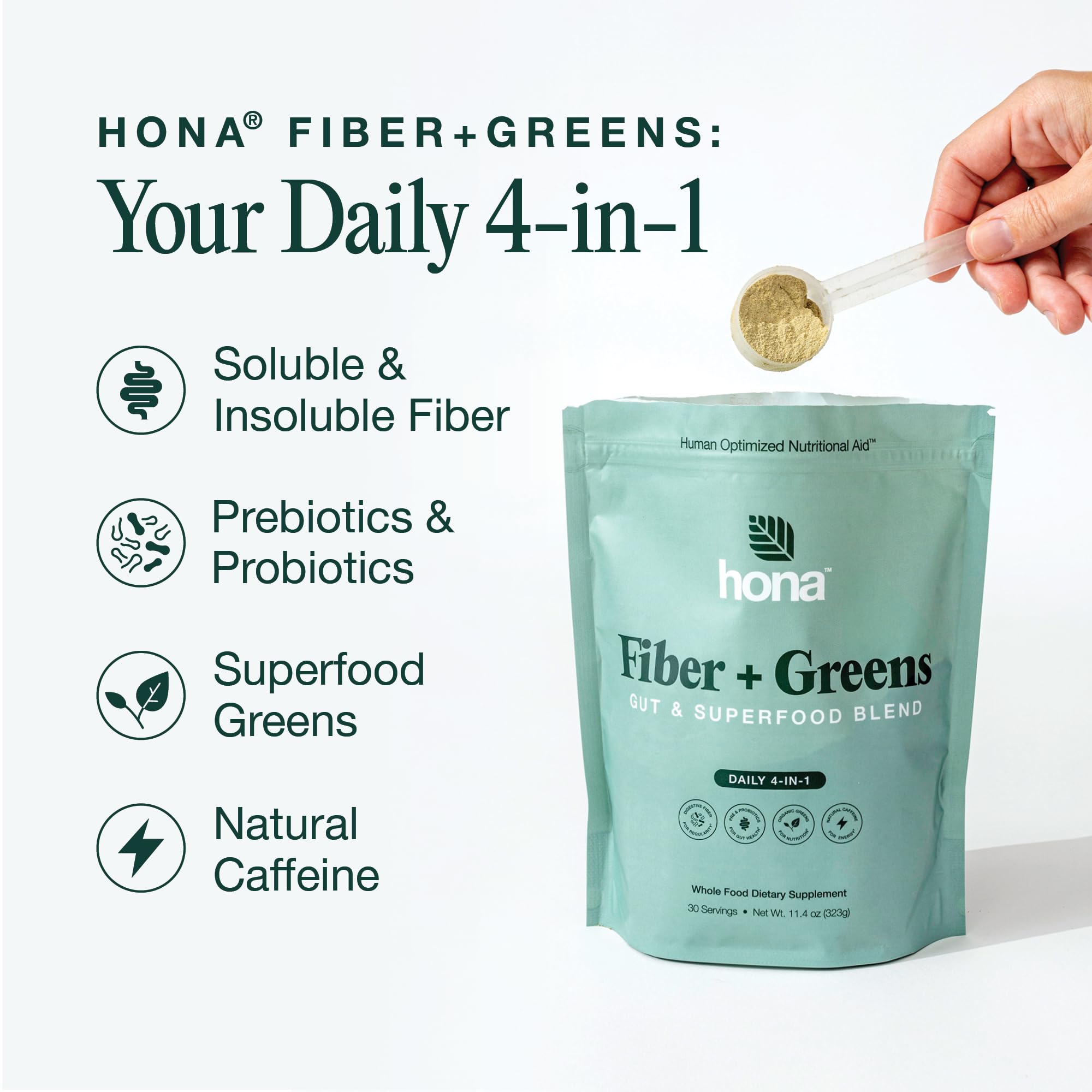 Hona Fiber + Greens sans additifs artificiels, ingrédients propres.