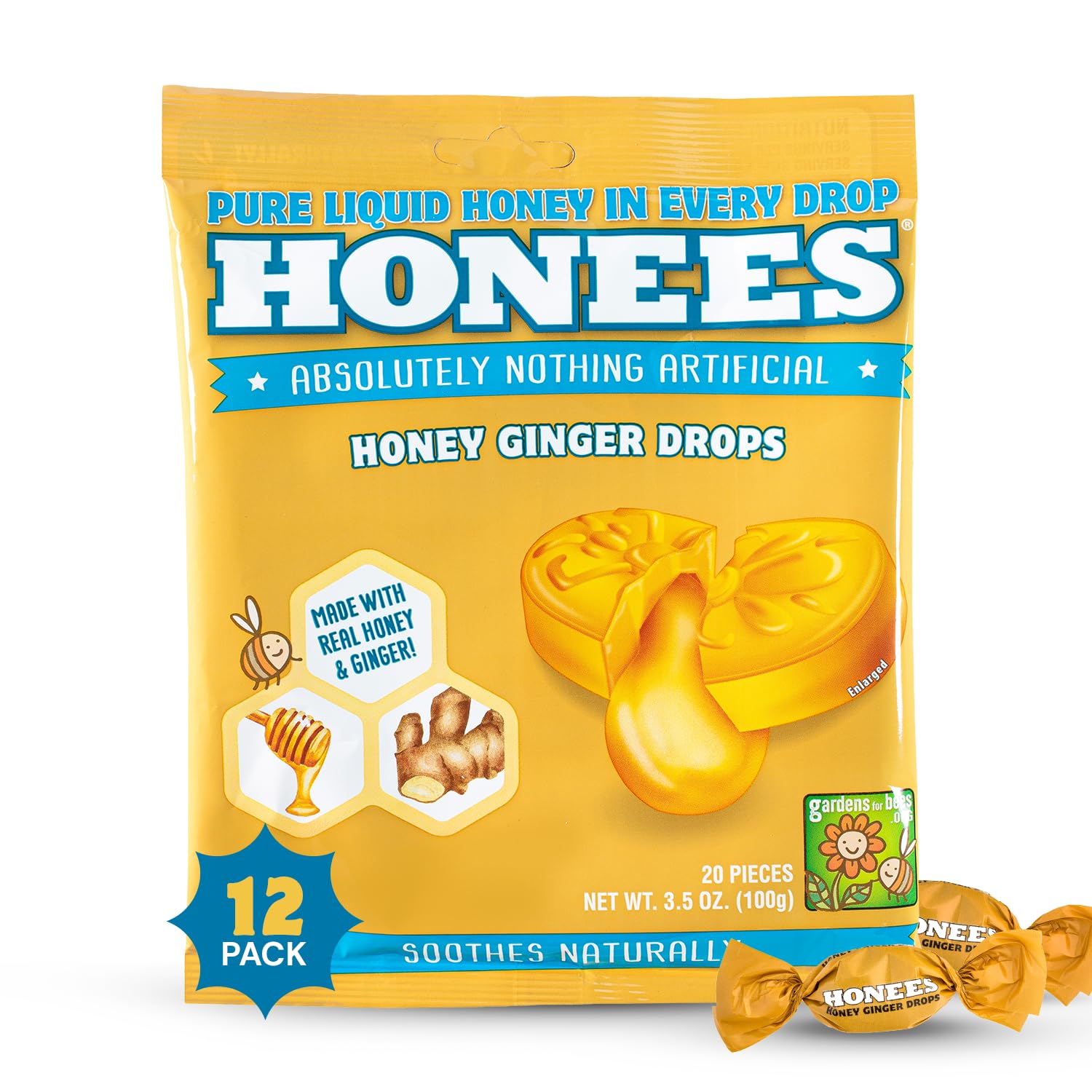 Boîte Honees gouttes miel et gingembre, apaisement pour gorge irritée