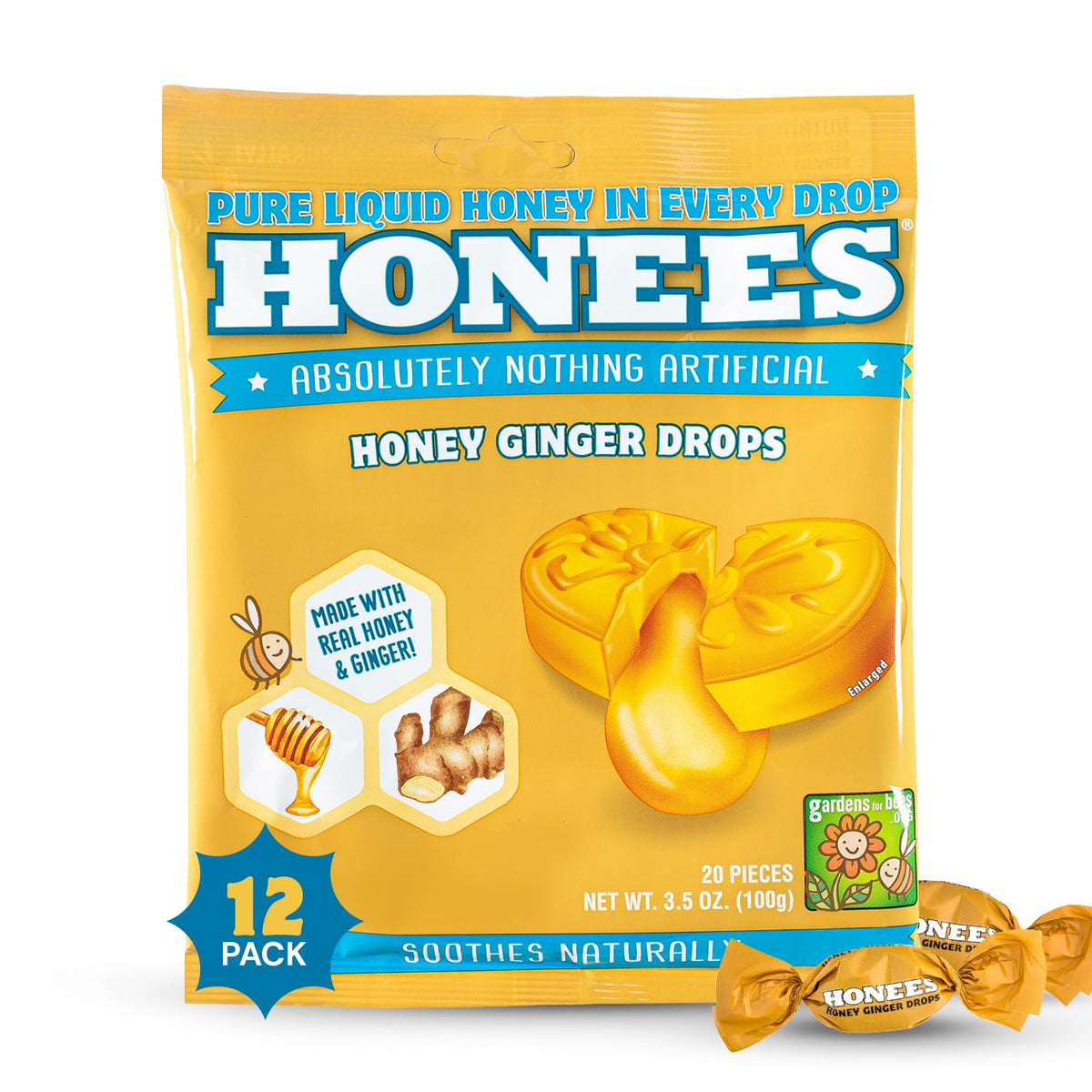Boîte Honees gouttes miel et gingembre, apaisement pour gorge irritée