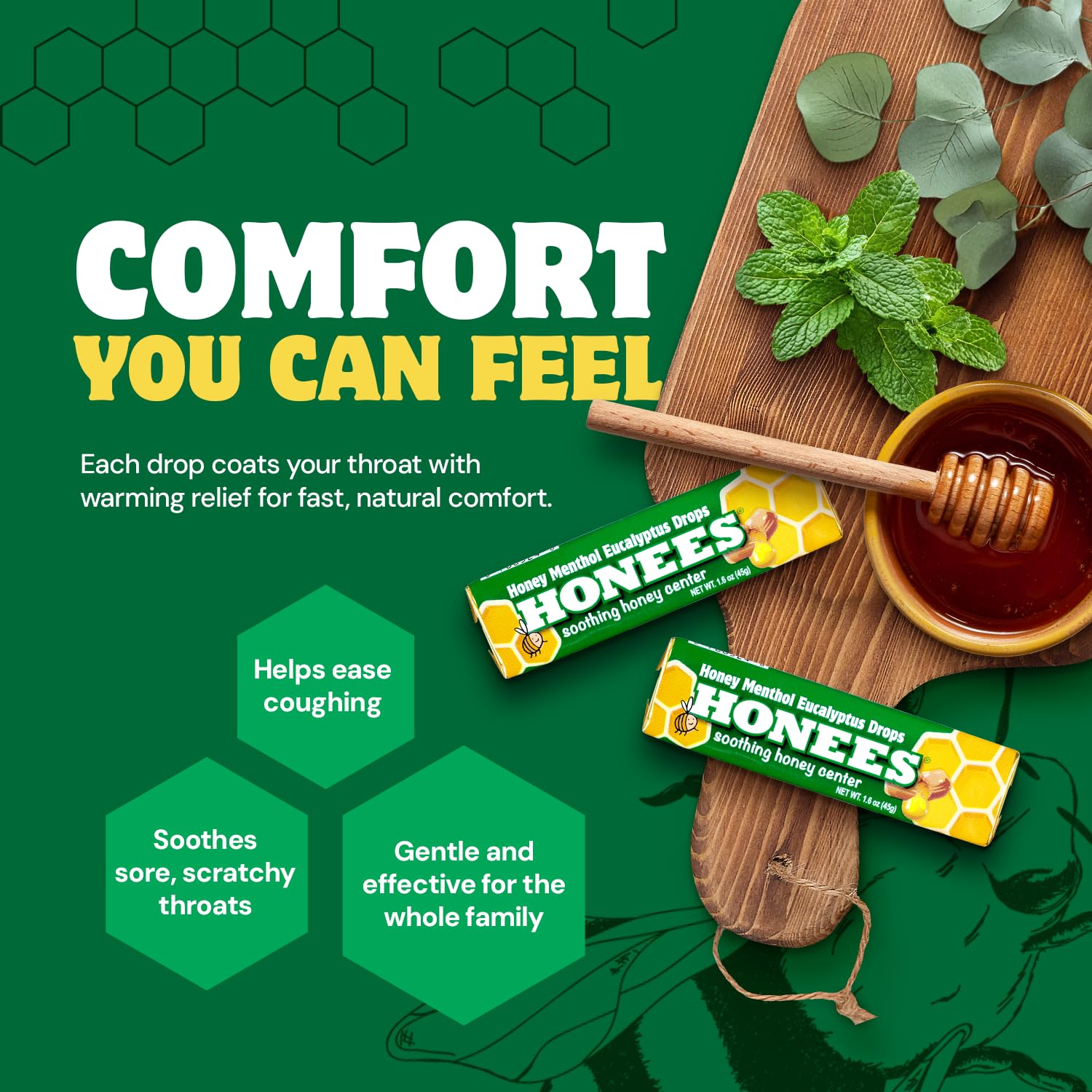 Pastilles Honees menthol-éucalyptus en pochette, emport facile en déplacement.