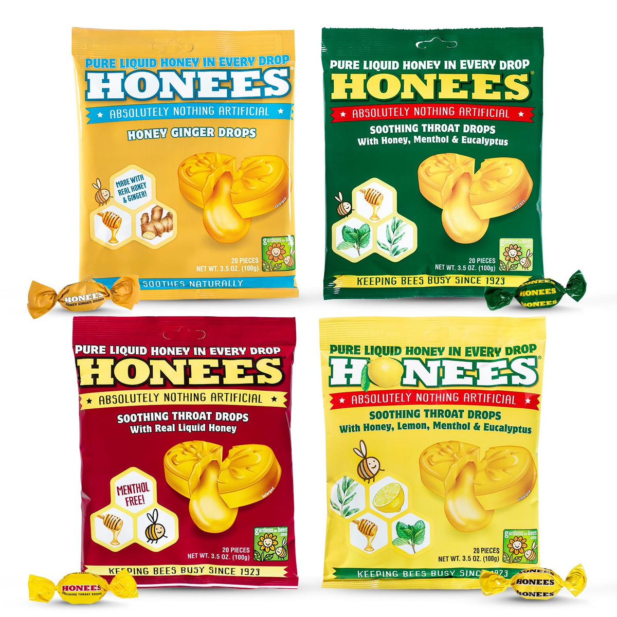 Honees Drops – assortiment saveurs miel citron menthol gingembre pour réconfort