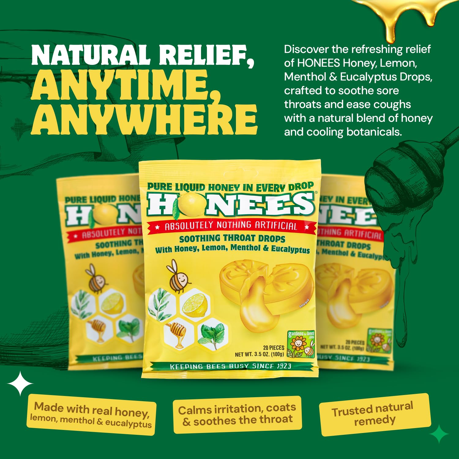 Honees Drops emballage individuel facilement transportable pour le réconfort.