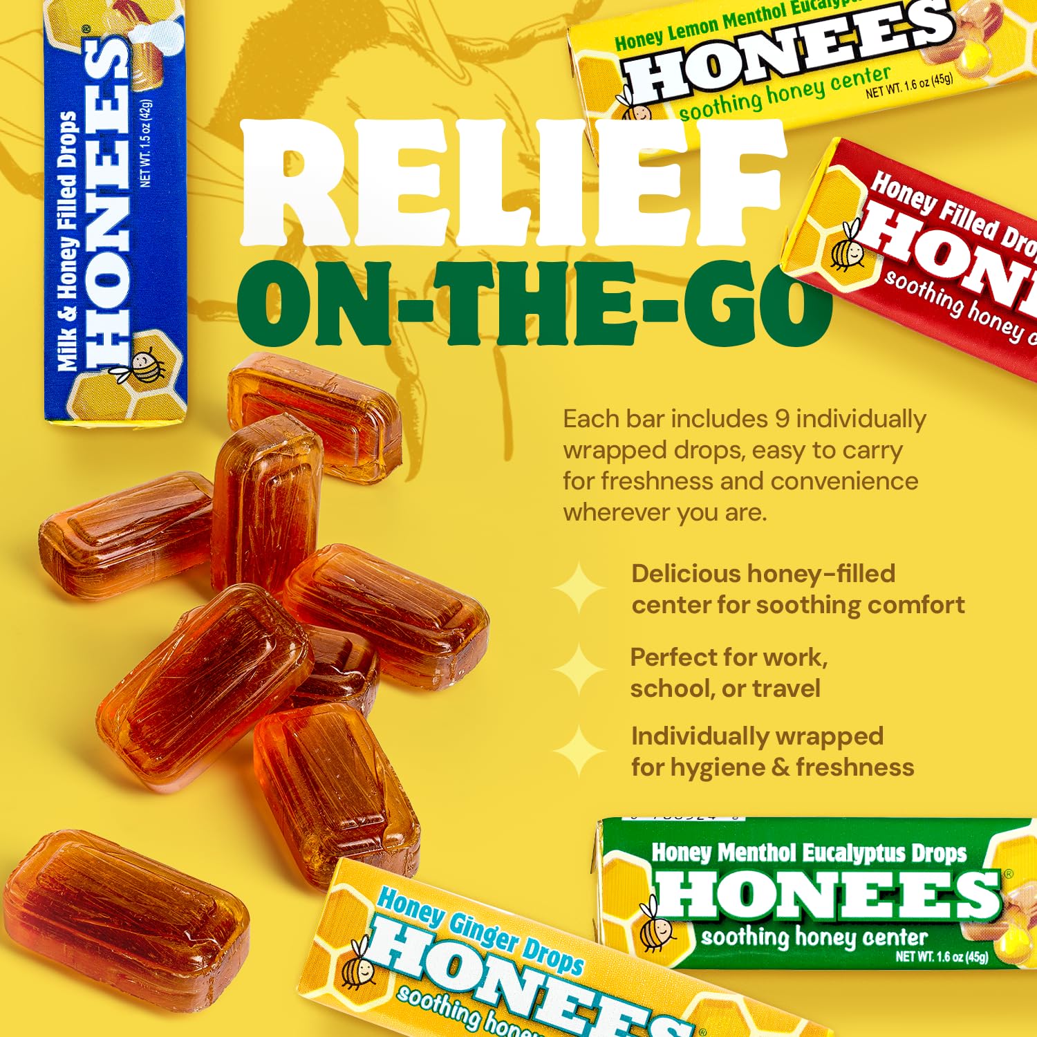 Honees Drops Miel Citron en flacon, saveur acidulée et agréable.