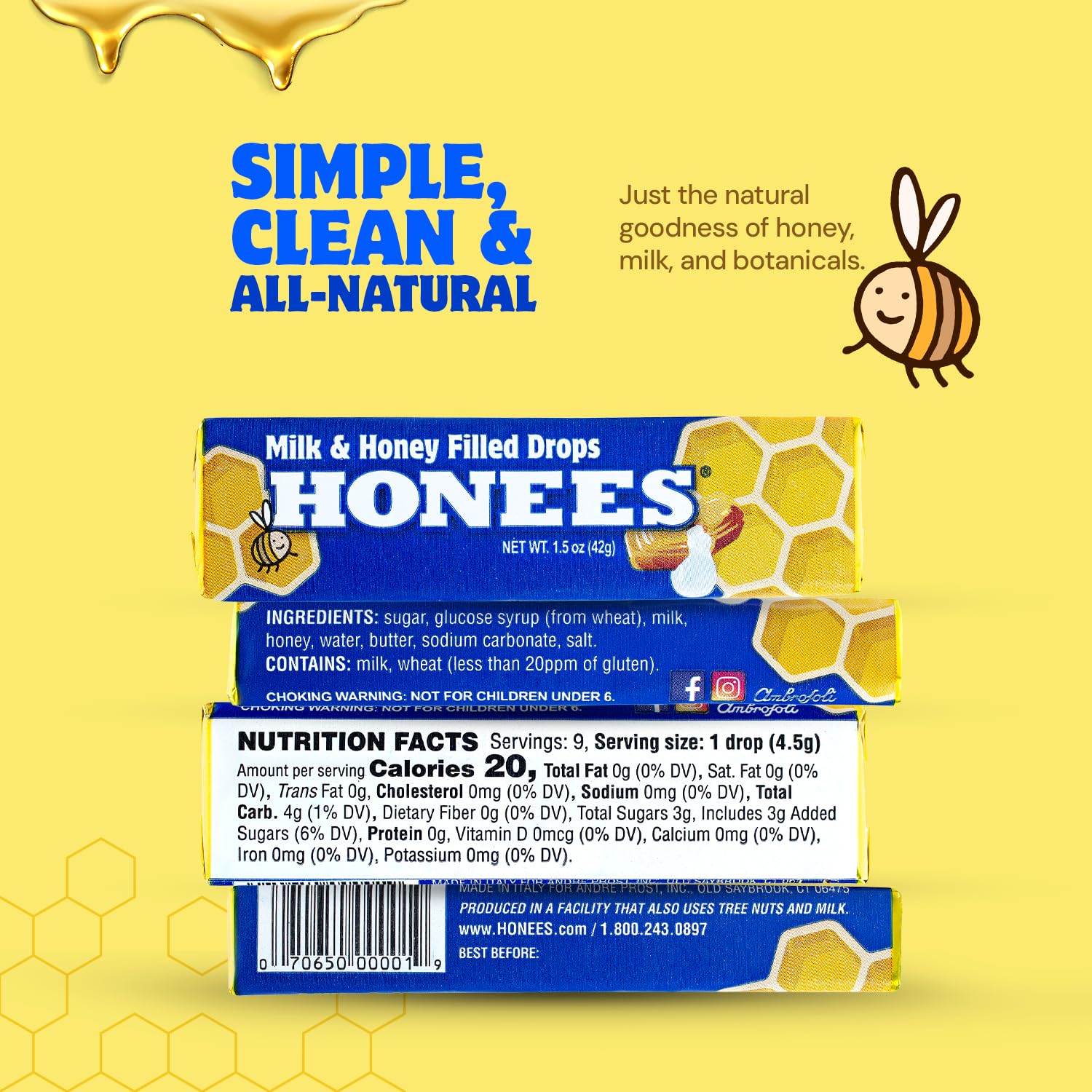 Honees Drops Miel Lait – boîte produit sur table, accès rapide.