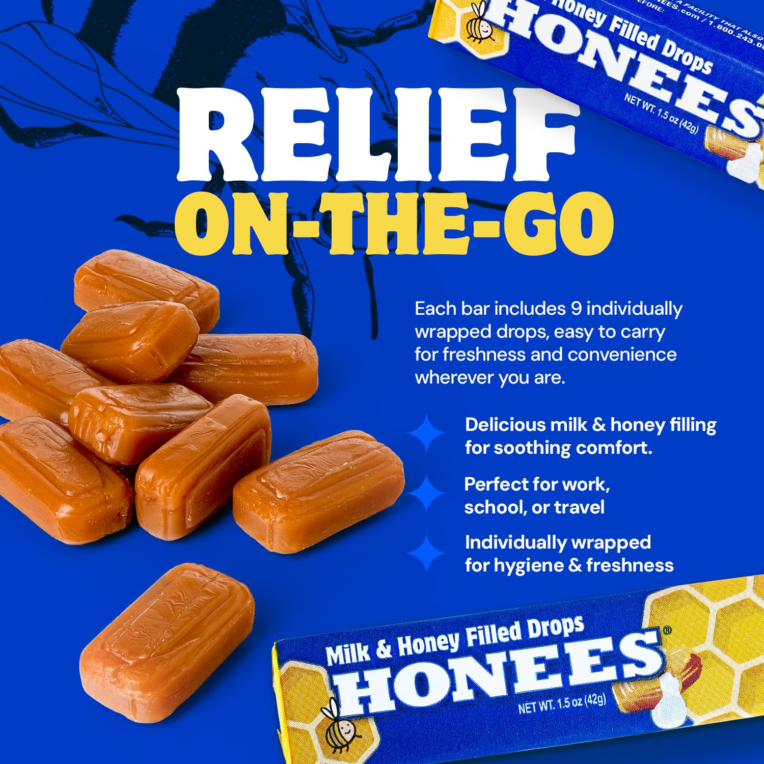Honees Drops Miel Lait – gouttes en gros plan pour apaiser la gorge en déplacement.