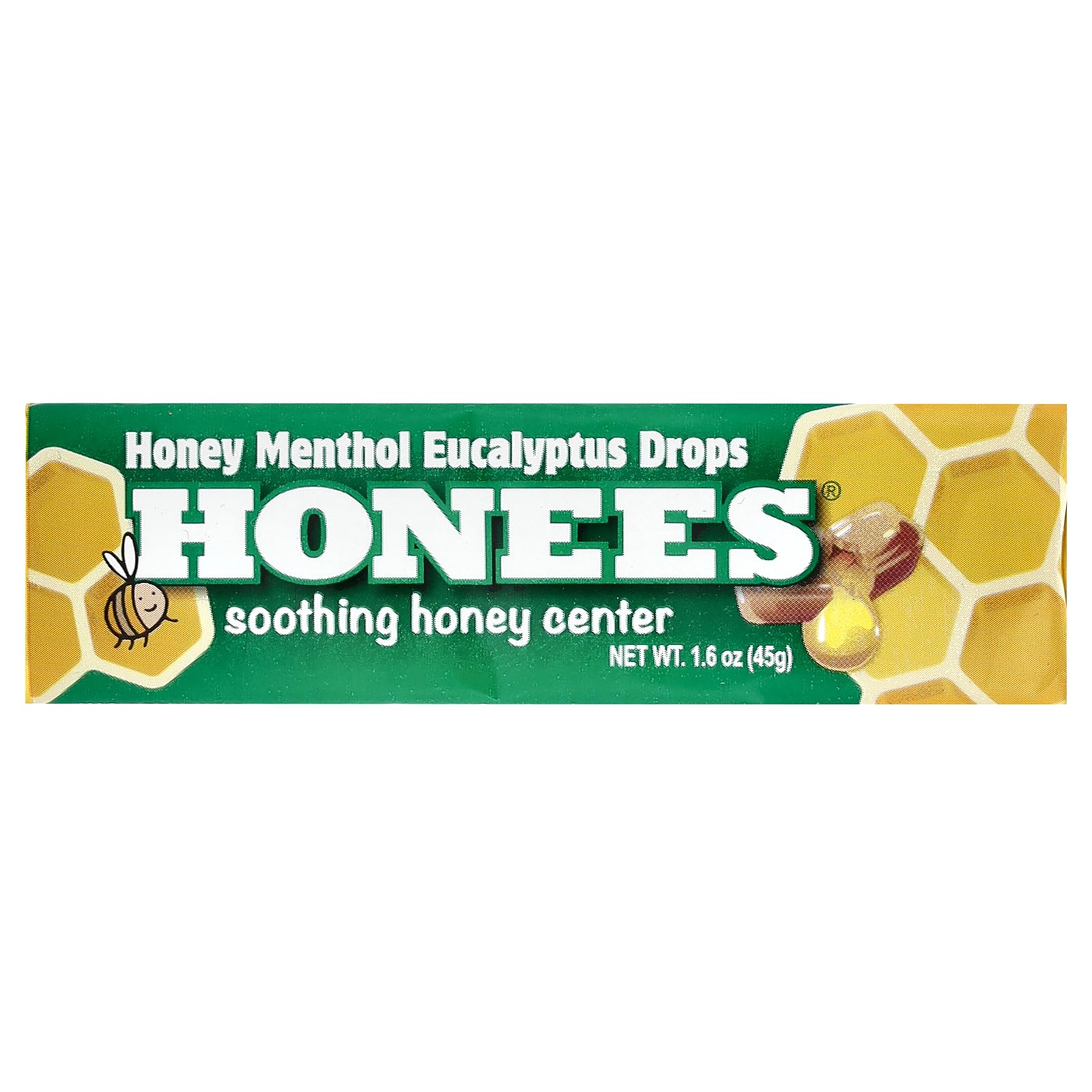 Honees Drops miel menthol eucalyptus dans sa boîte, peut aider à apaiser la gorge