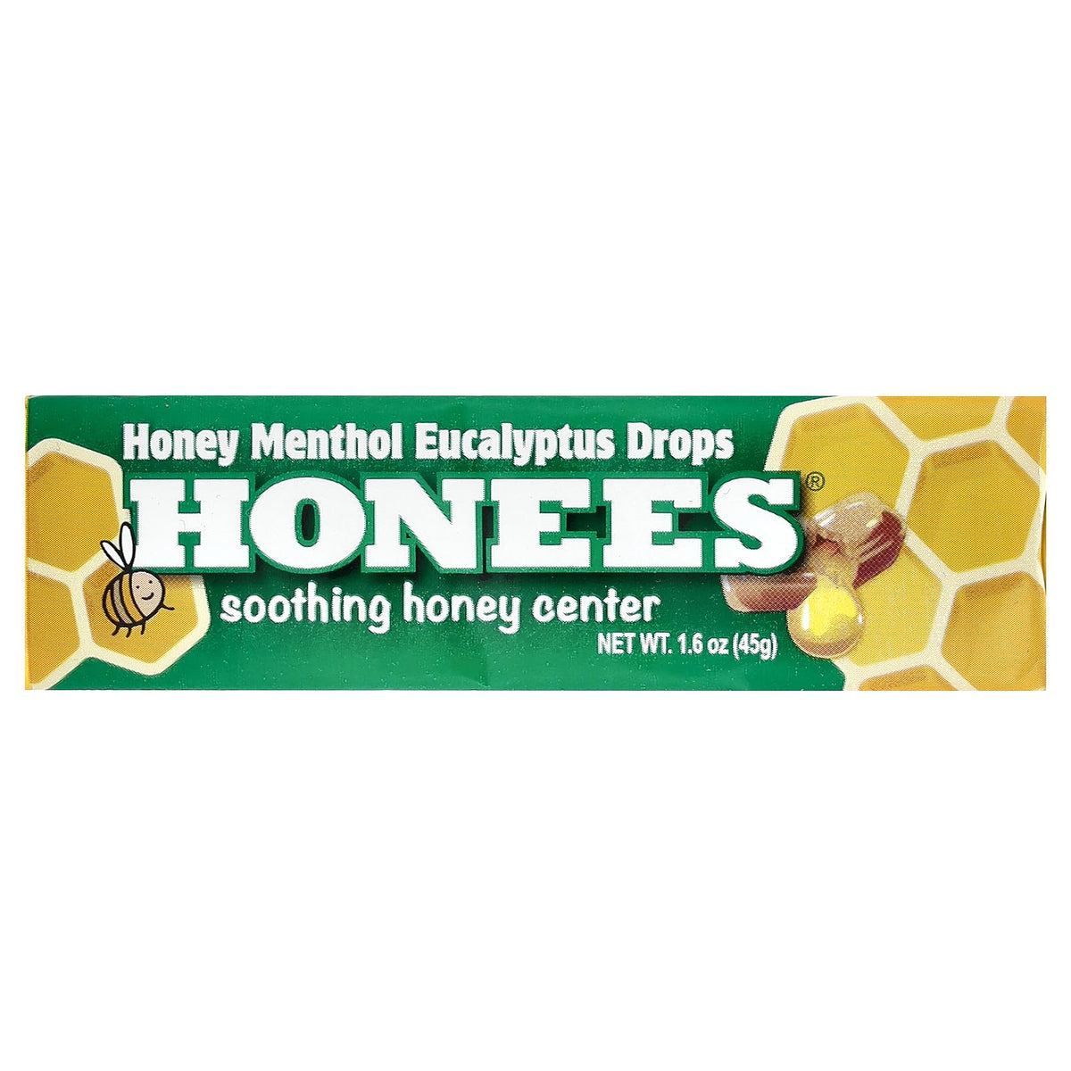 Honees Drops miel menthol eucalyptus dans sa boîte, peut aider à apaiser la gorge