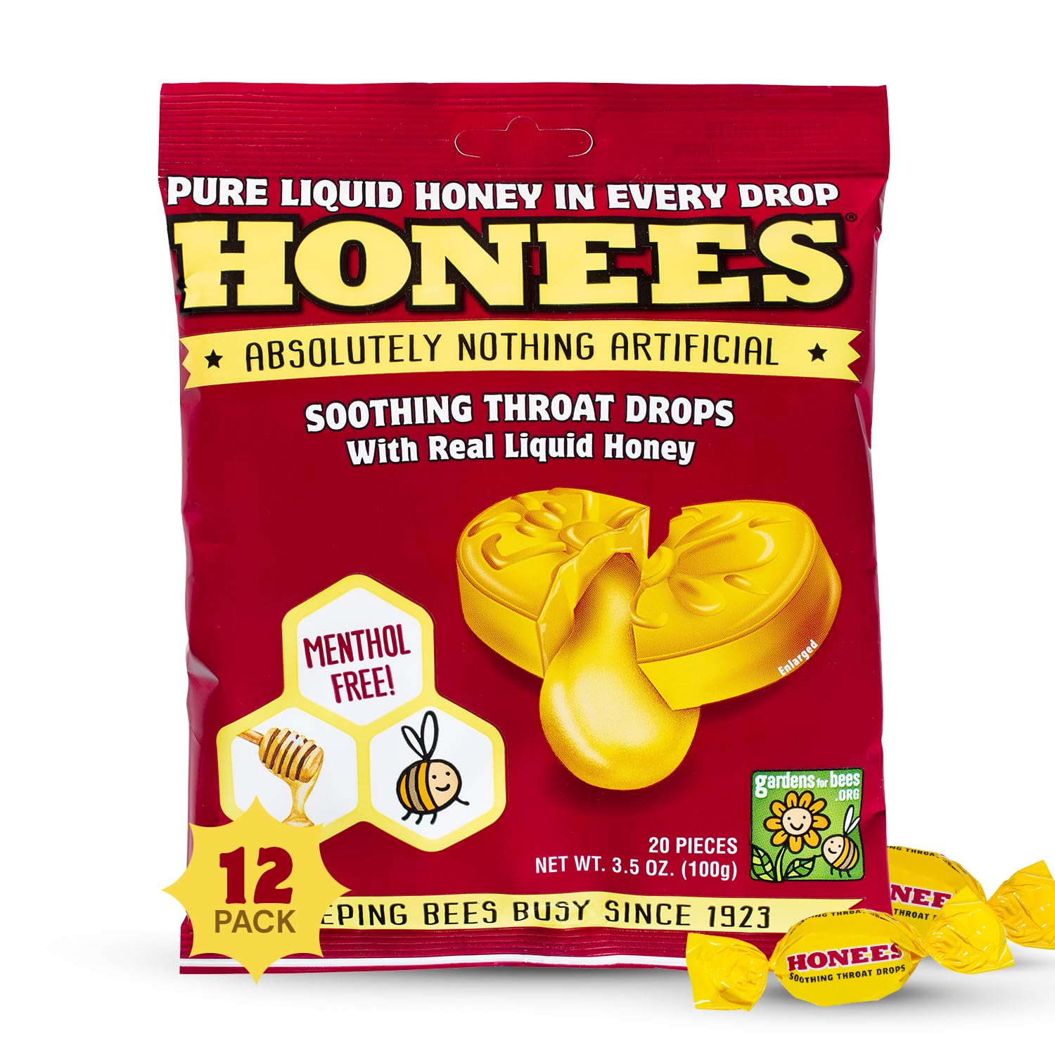 Gouttes Honees au miel en bouteille, pratique pour apaiser la gorge.