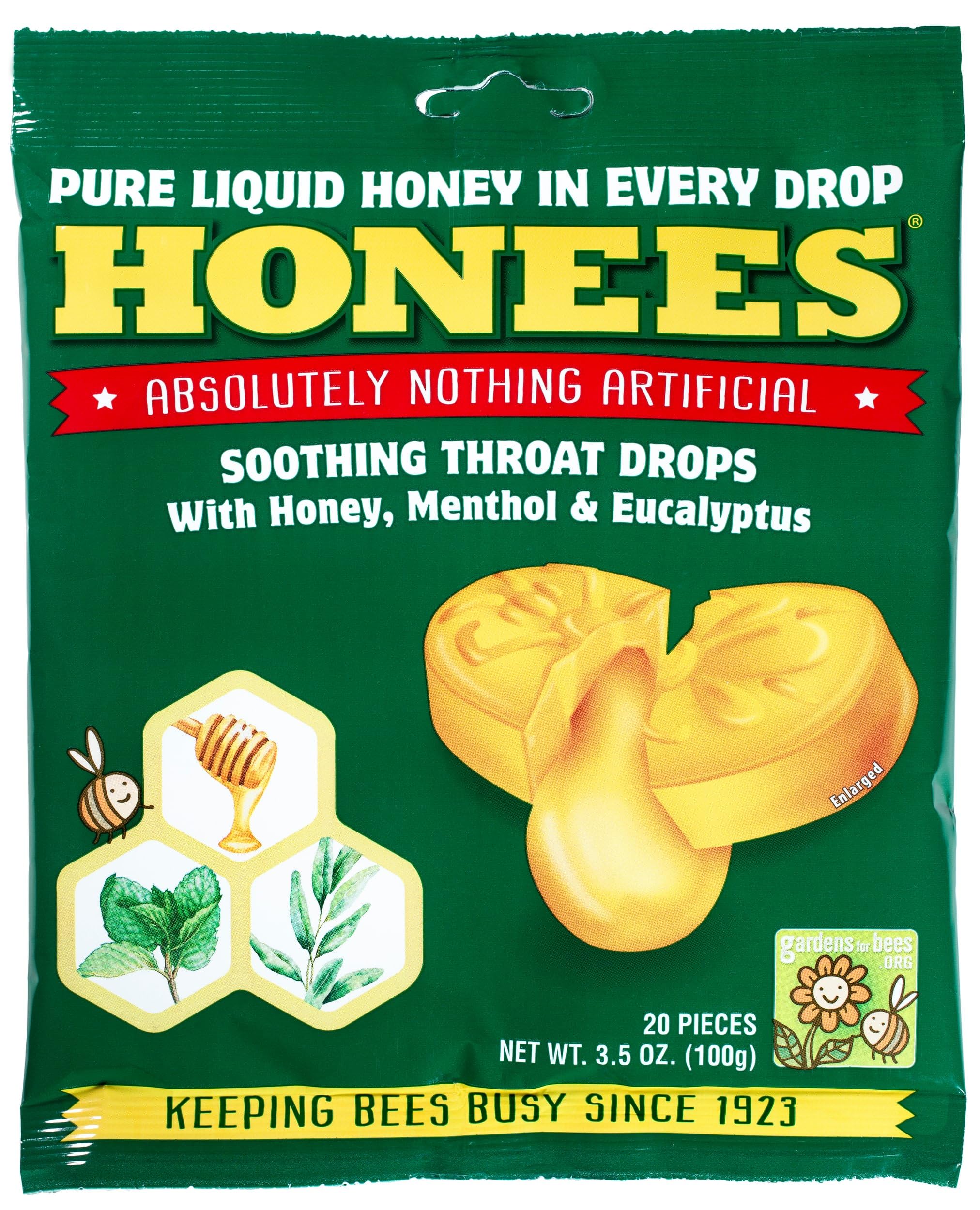 Honees, pastilles miel-gingembre, emballage pratique pour soulager la gorge naturellement.