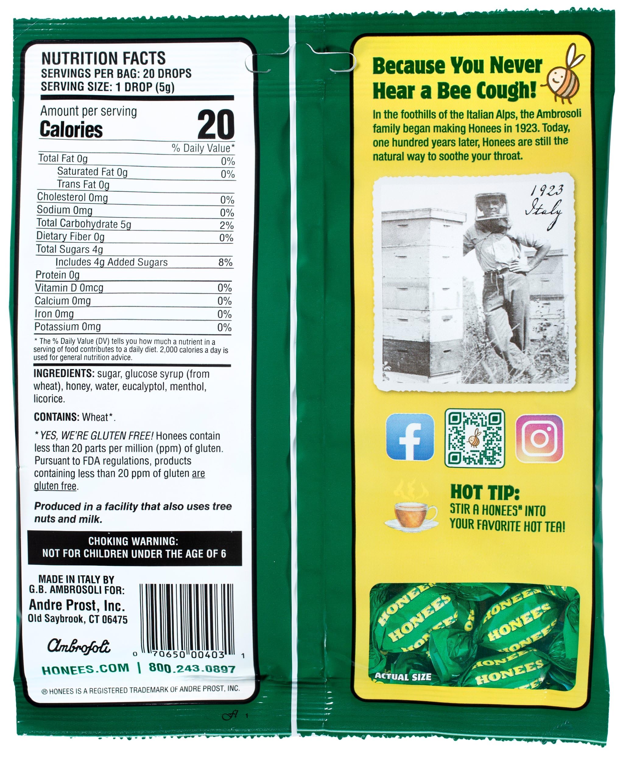 Honees, pastilles miel-menthol, emballage individuel idéal pour en déplacement.