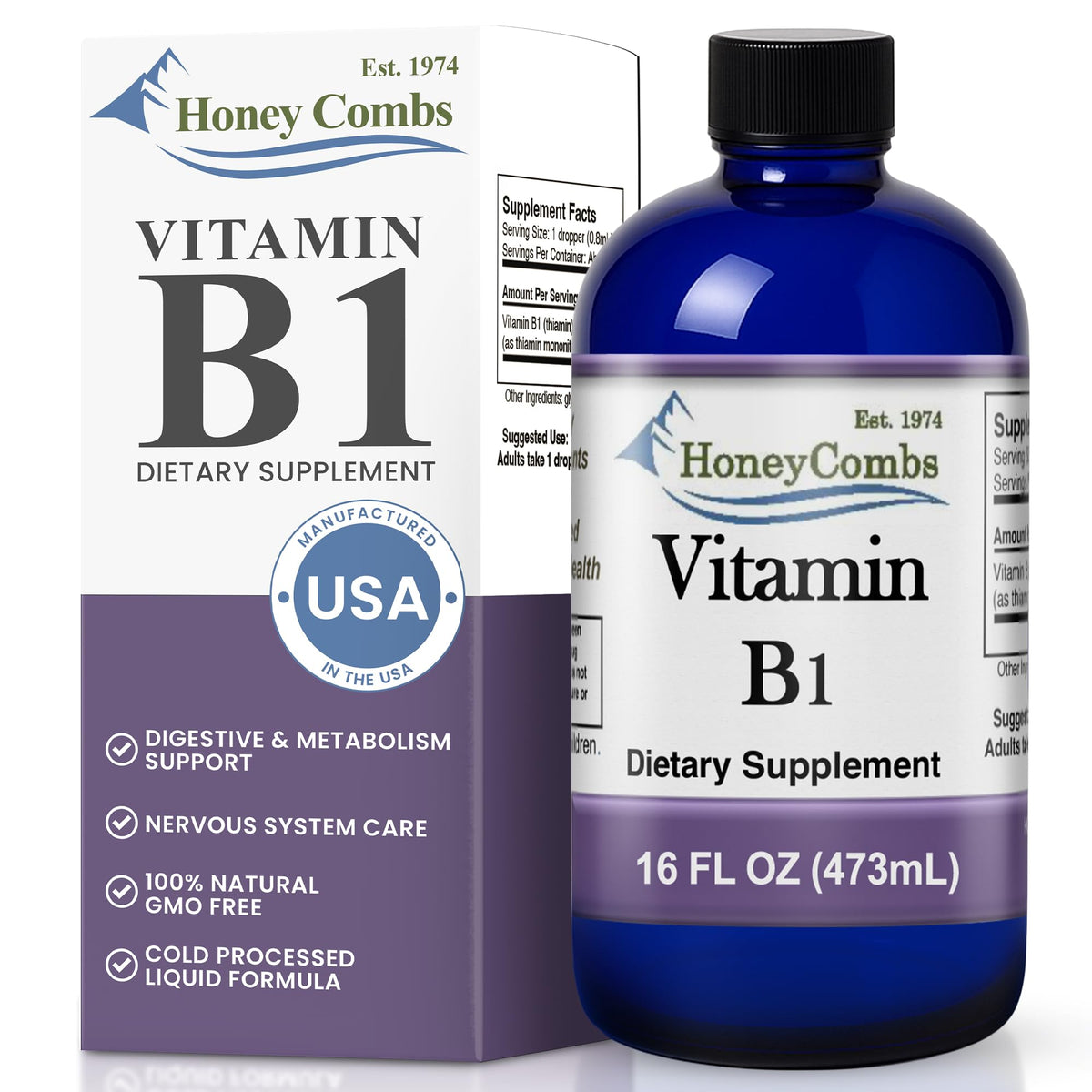 Gouttes HoneyCombs B1 dans une bouteille, soutien potentiel à l'énergie quotidienne.