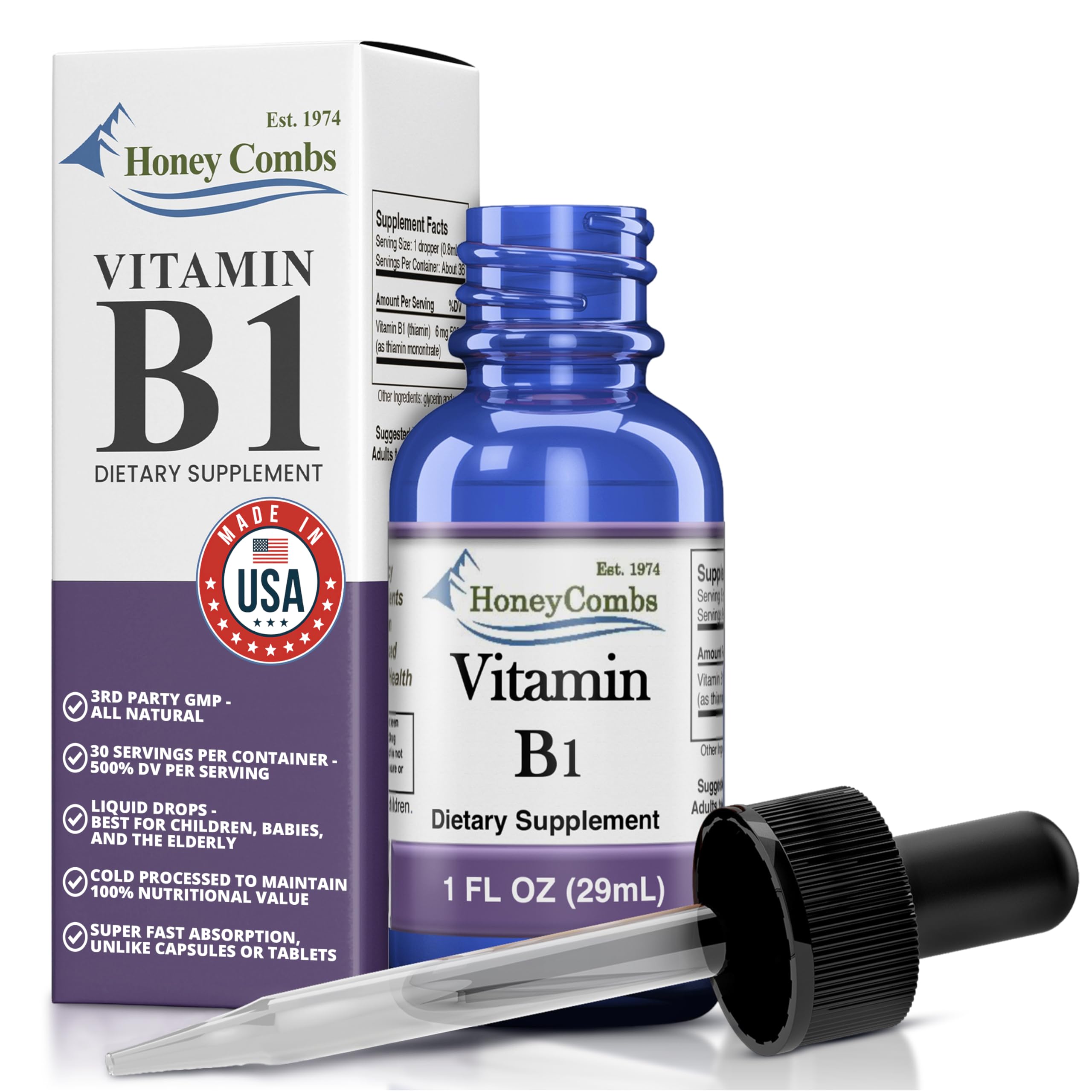 HoneyCombs Vitamine B1 – gouttes en bouteille, énergie naturelle au quotidien.