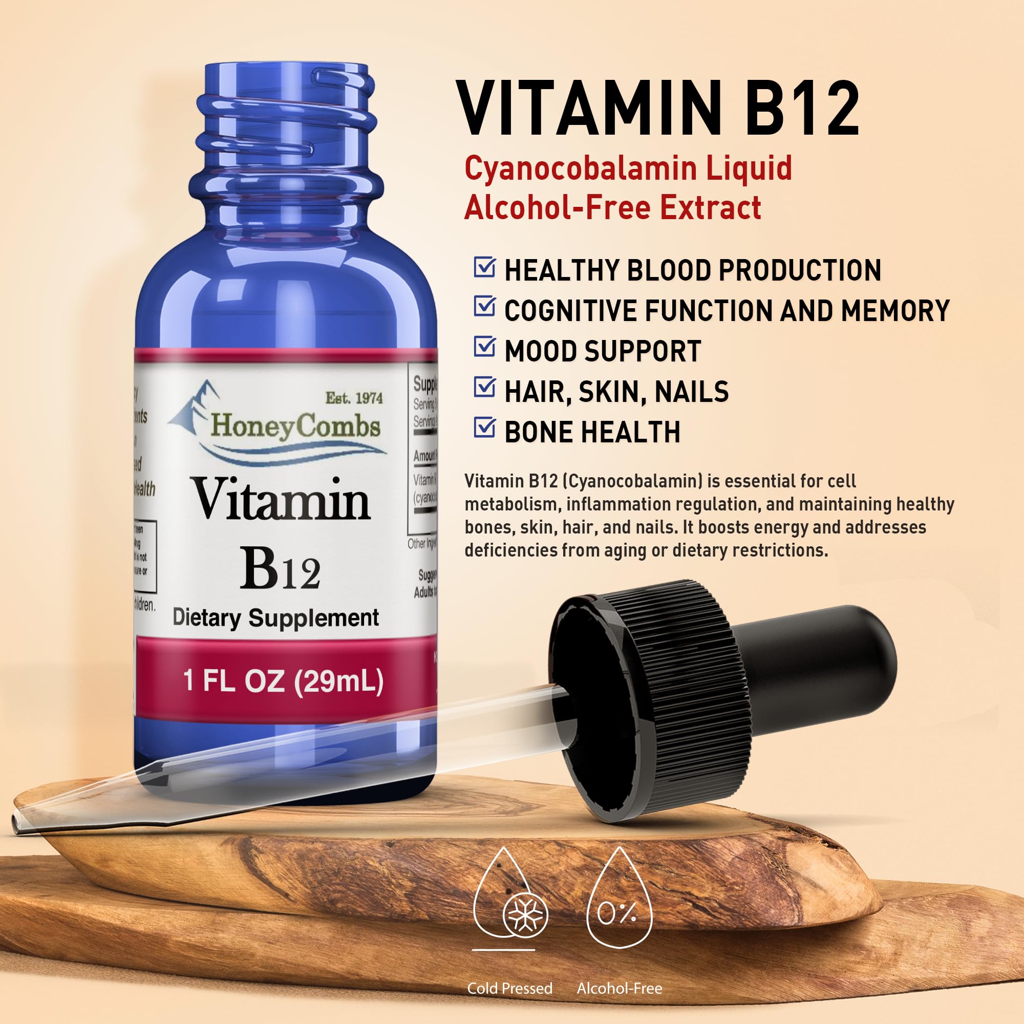 HoneyCombs Vitamine B12 gouttes etiquette produit: transparence et traçabilité.