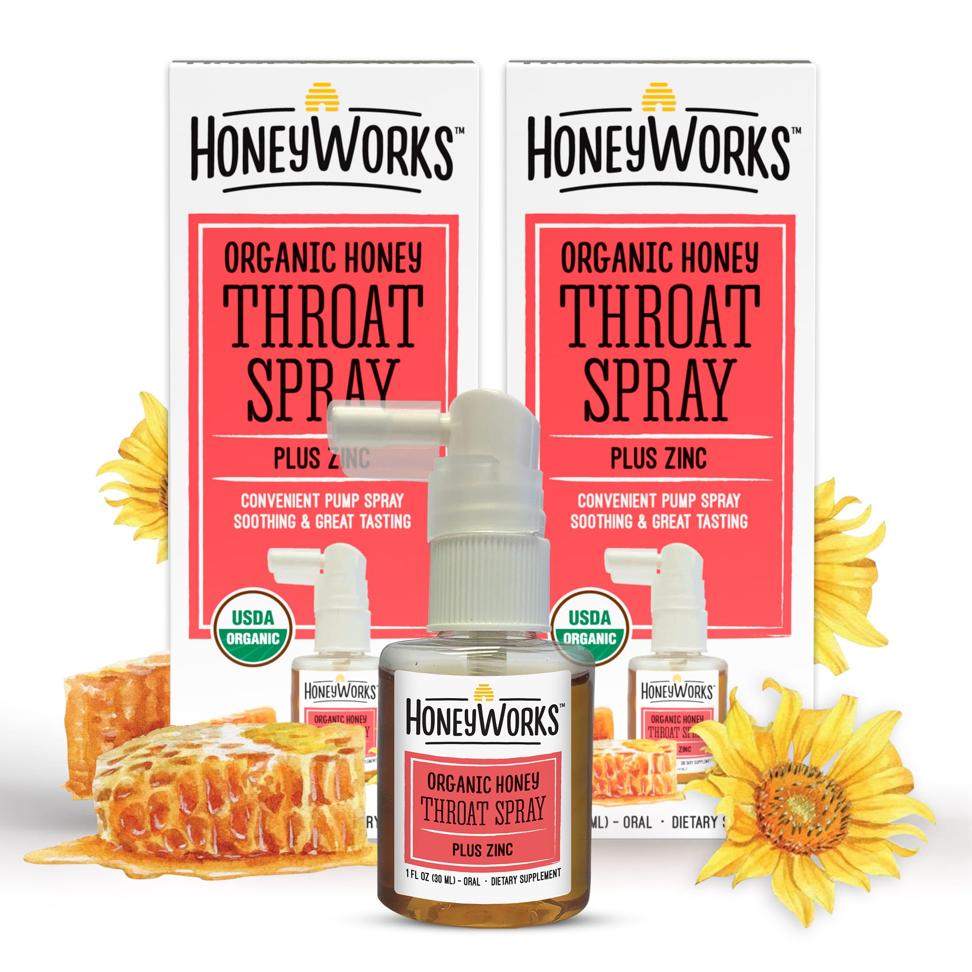 HoneyWorks Spray Gorge Adulte, pompe: soulagement rapide pour gorge irritée.