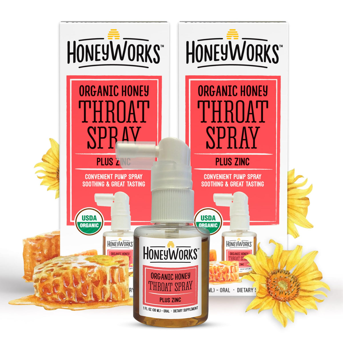 HoneyWorks Spray Gorge Adulte, pompe: soulagement rapide pour gorge irritée.