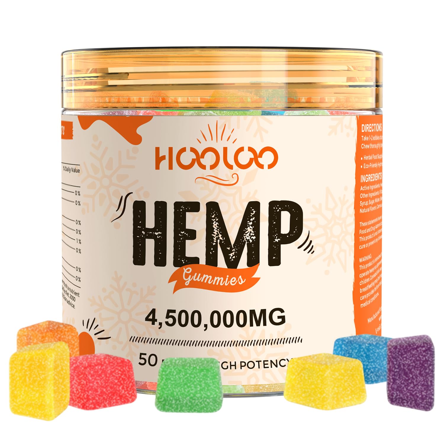 Gummies Big Cubes de HOOLOO: bouteille ouverte et collation pratique.