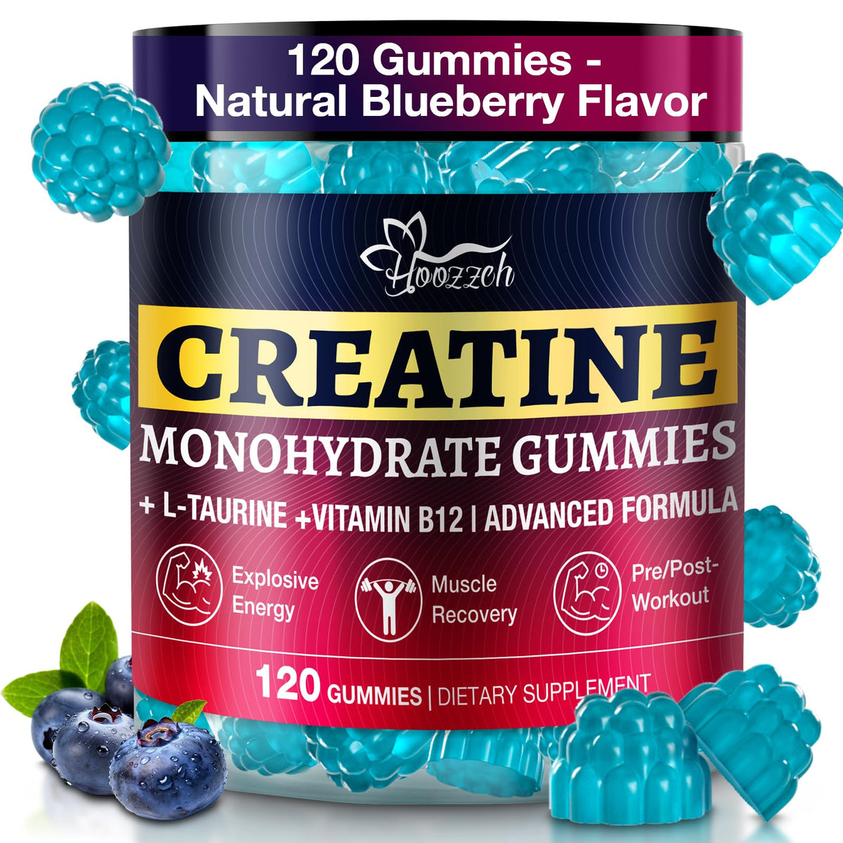 Gommes de Créatine Hoozzch – bouteille bleue, pratique pour vos entraînements quotidiens.