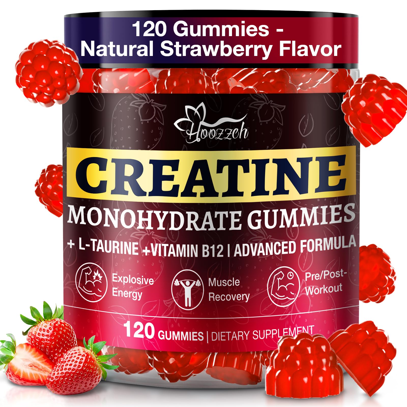 Hoozzch Créatine Gummies, bouteille ouverte, saveur fraise, prise rapide après l'entraînement.