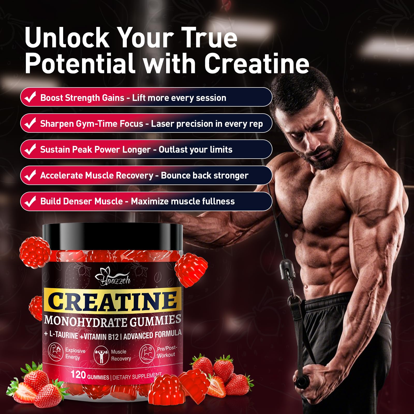 Hoozzch Créatine Gummies sans colorants artificiels pour une routine fiable.