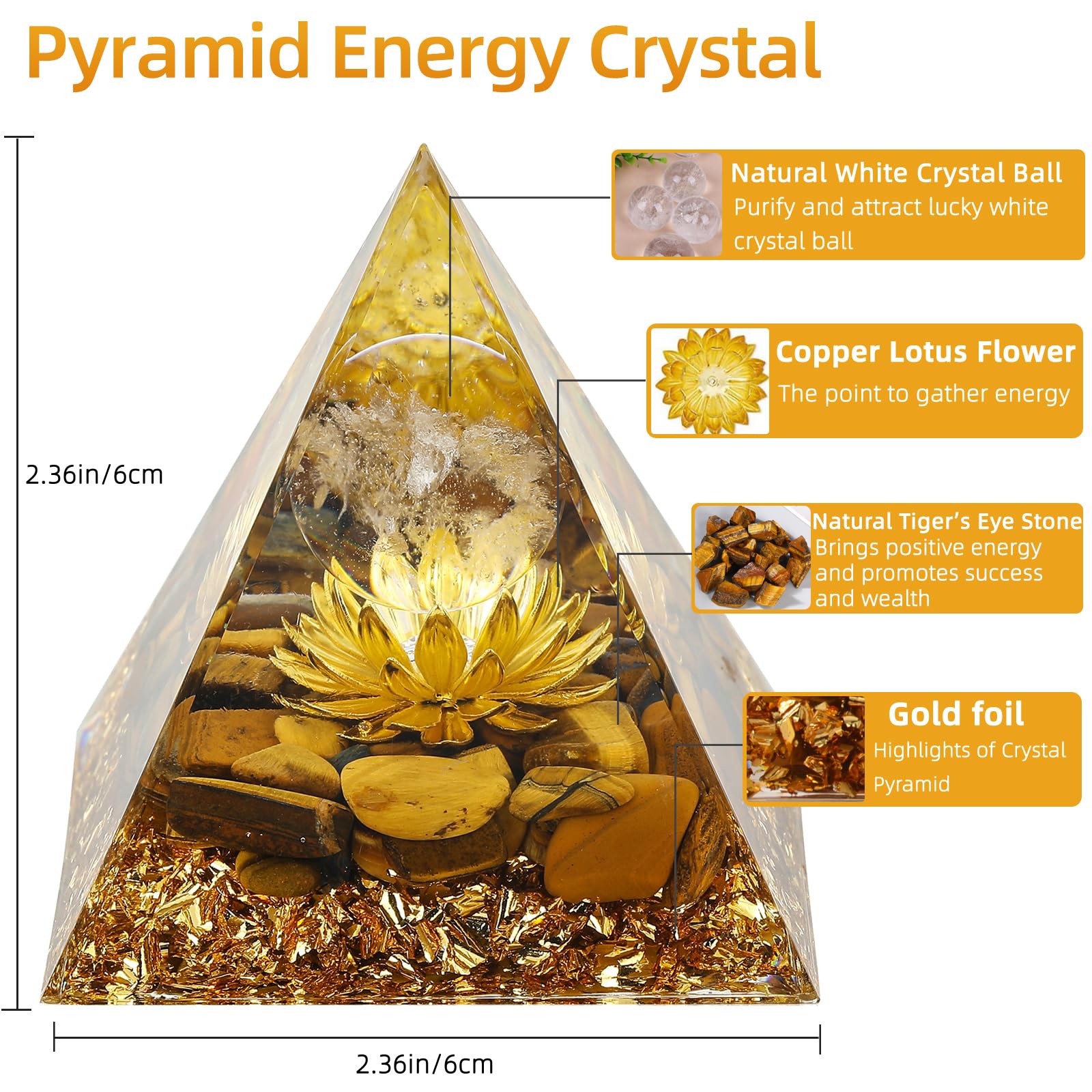 Hopeseed Pyramide Orgone œil de tigre, potentiel de prospérité et concentration.
