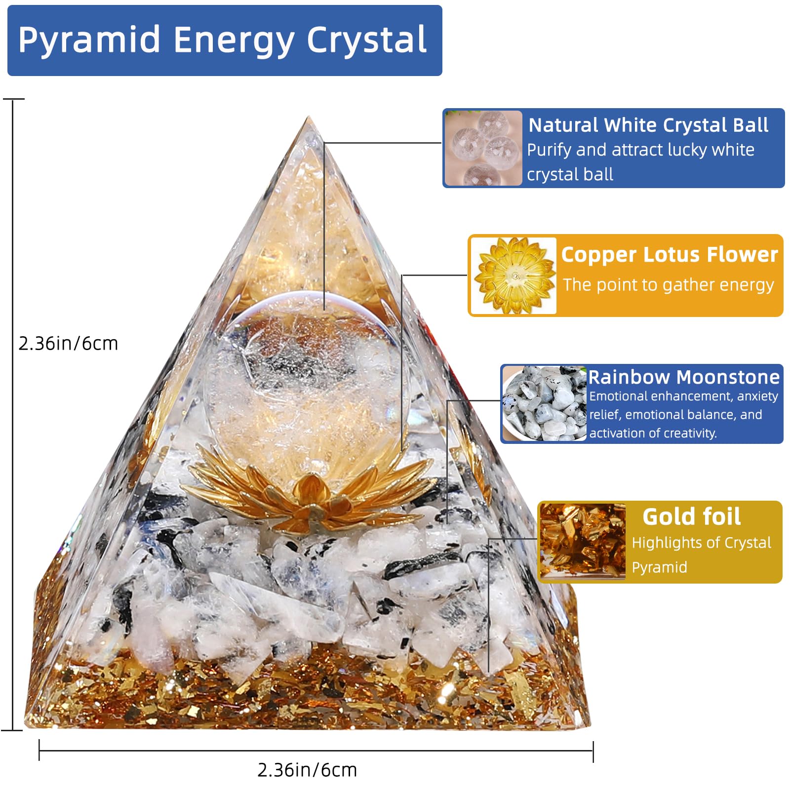 Pyramide Hopeseed Orgone cristal blanc reflétant la lumière et pureté visuelle.