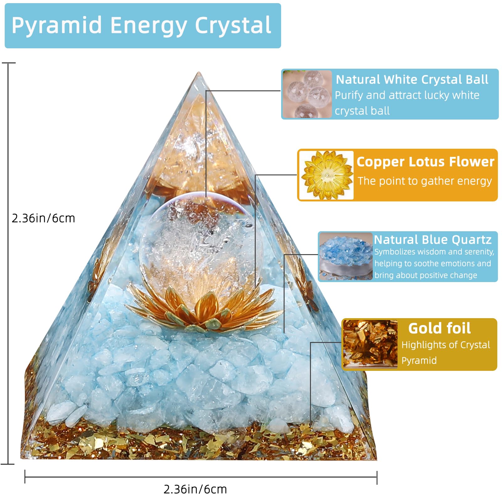 Pyramide Hopeseed Orgonite cristal blanc, parfaite pour calme et concentration.