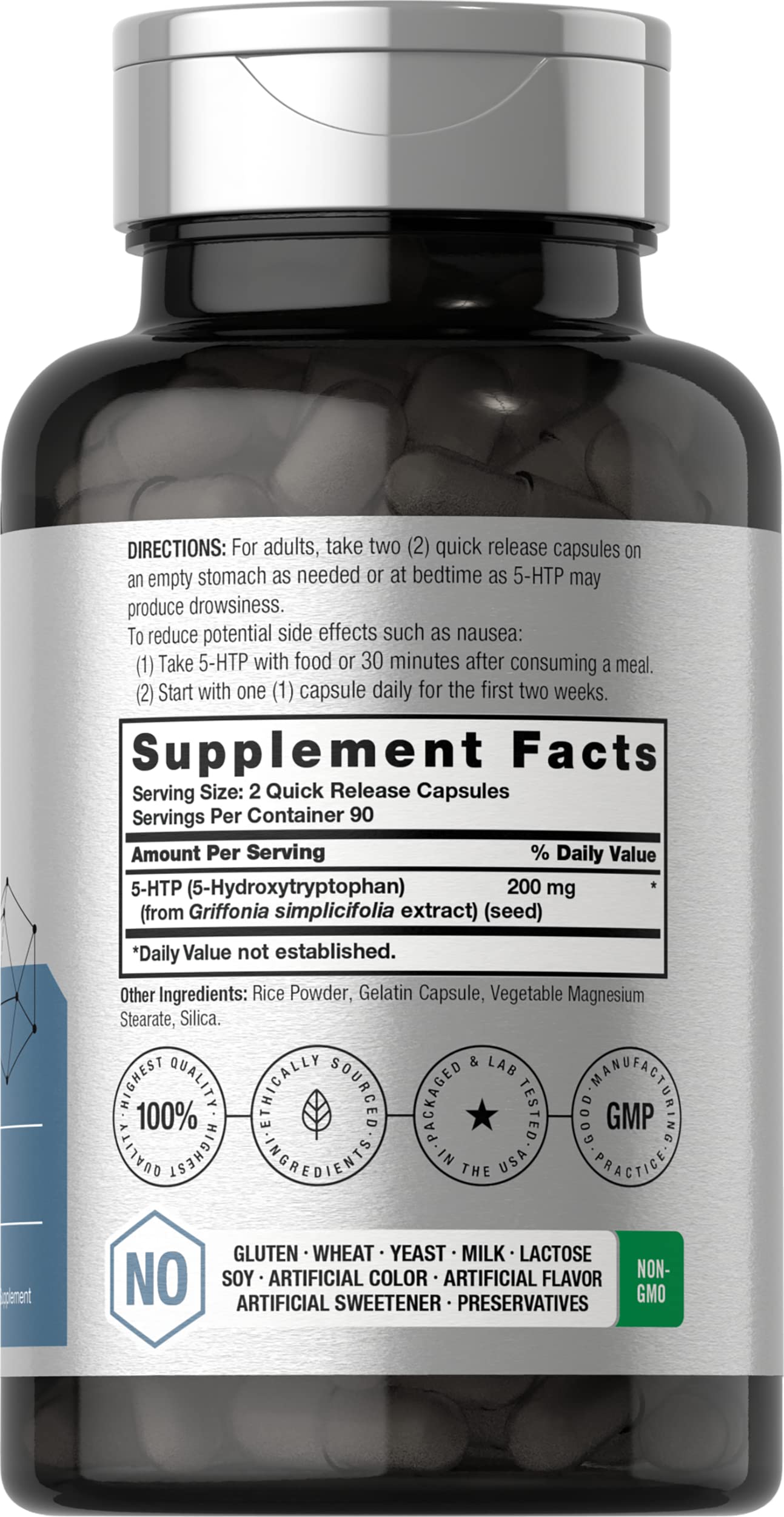 Bouteille Horbäach 5-HTP avec étiquette claire et informative.