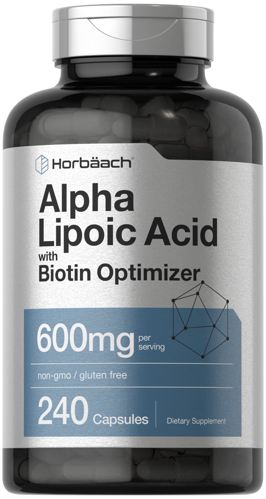 Horbäach acide alpha-lipoïque 600 mg, boîte 240 capsules, source antioxydante pratique.