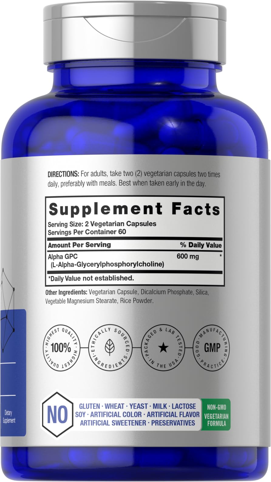 Capsules végétariennes Horbäach Alpha GPC 600mg pour mémoire et concentration.