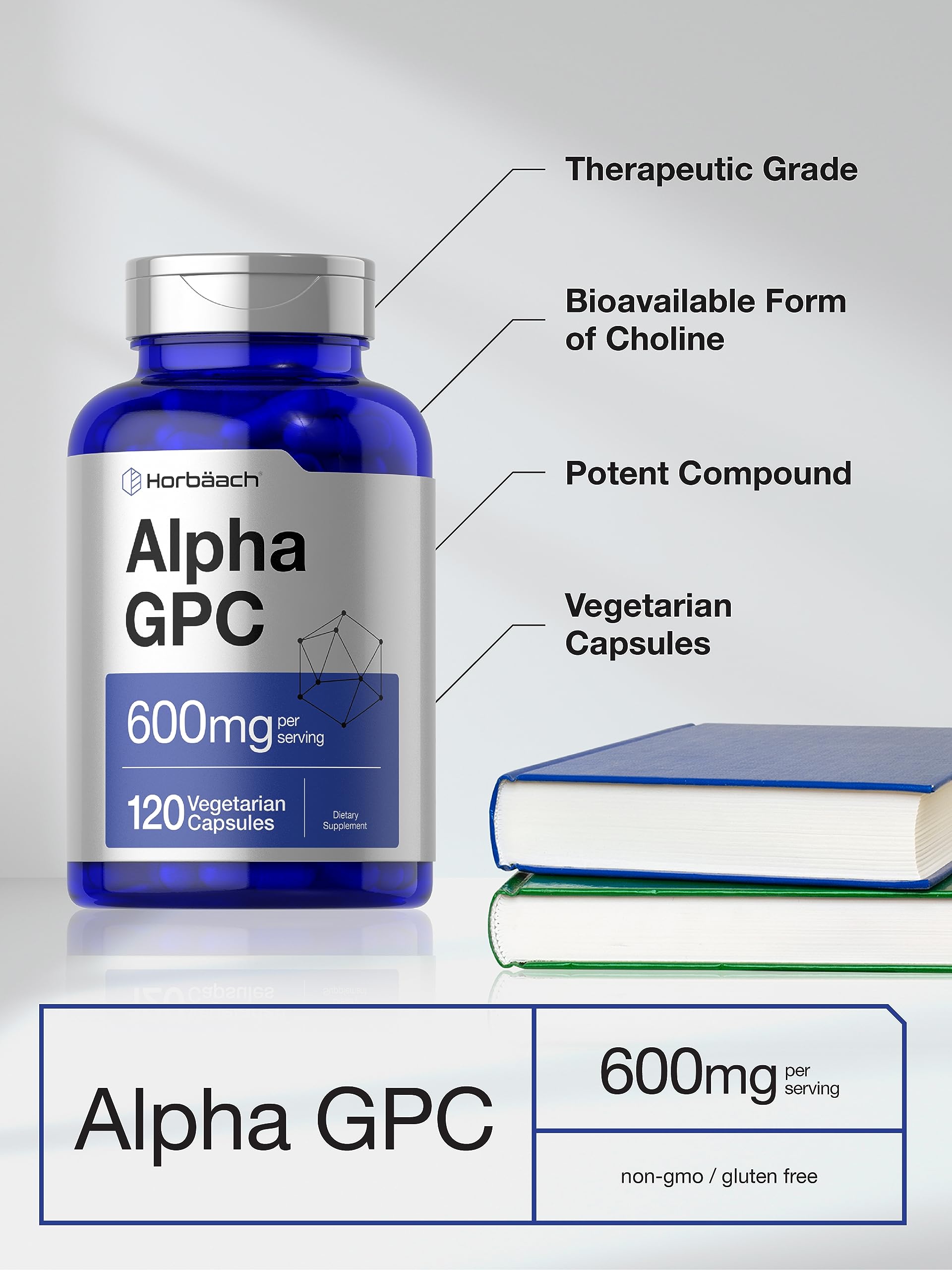 Étiquette Horbäach Alpha GPC 600mg montrant dosage et composition.