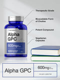 Étiquette Horbäach Alpha GPC 600mg montrant dosage et composition.