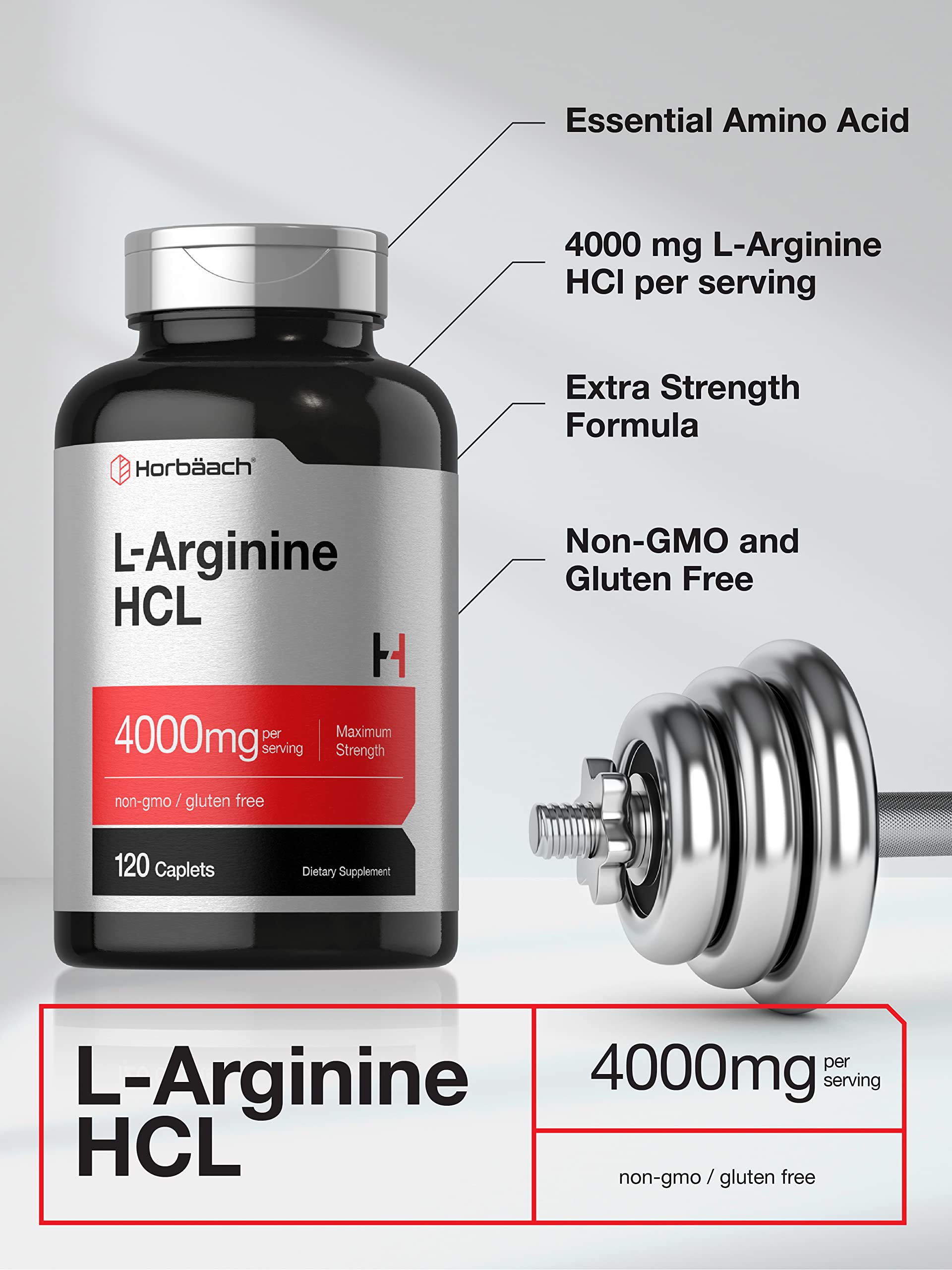 Etiquette et ingrédients sans OGM pour Horbaach L-Arginine 4000 mg.