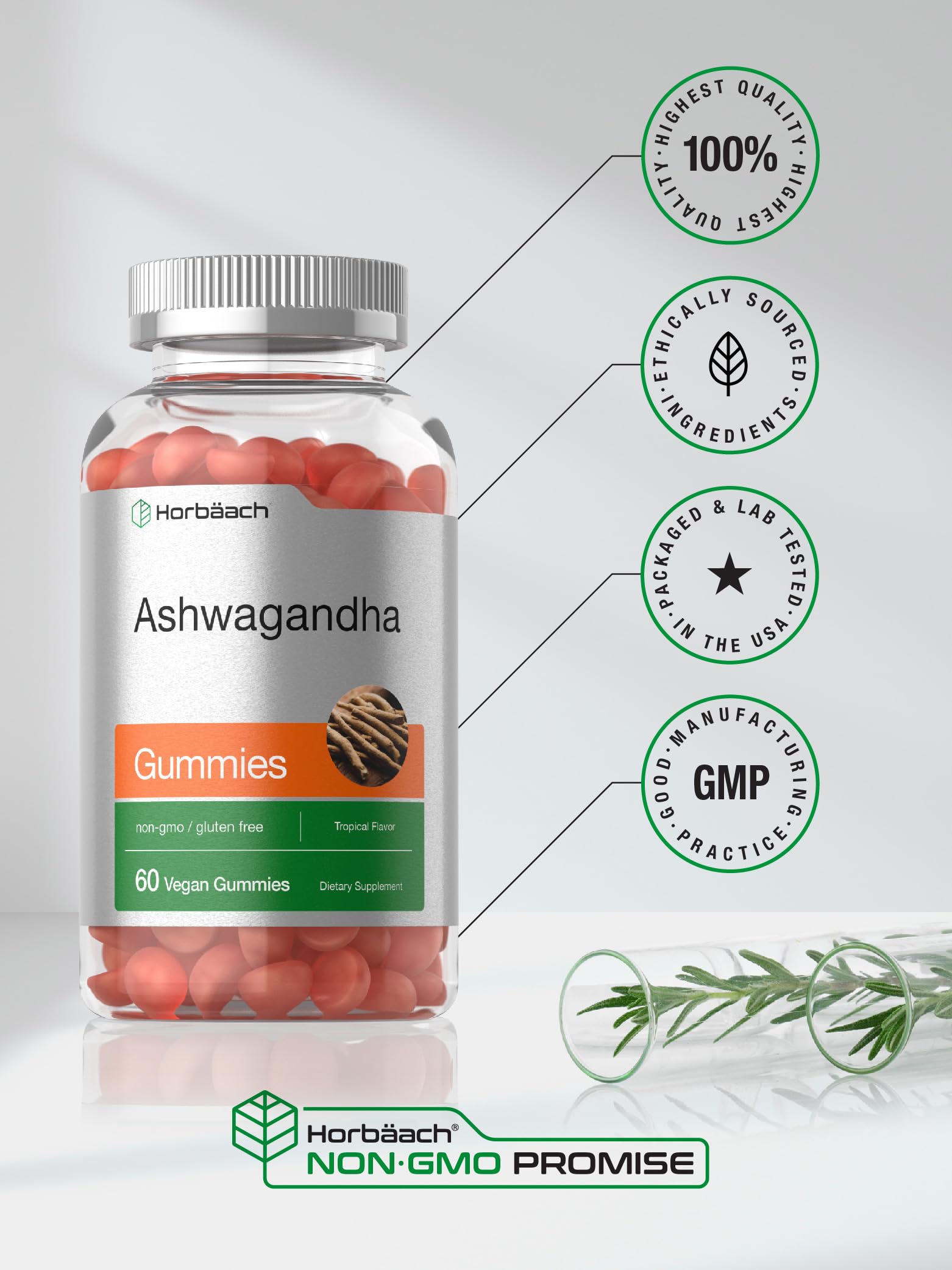 Label sans gluten Horbaach Ashwagandha, adapté sans allergènes.