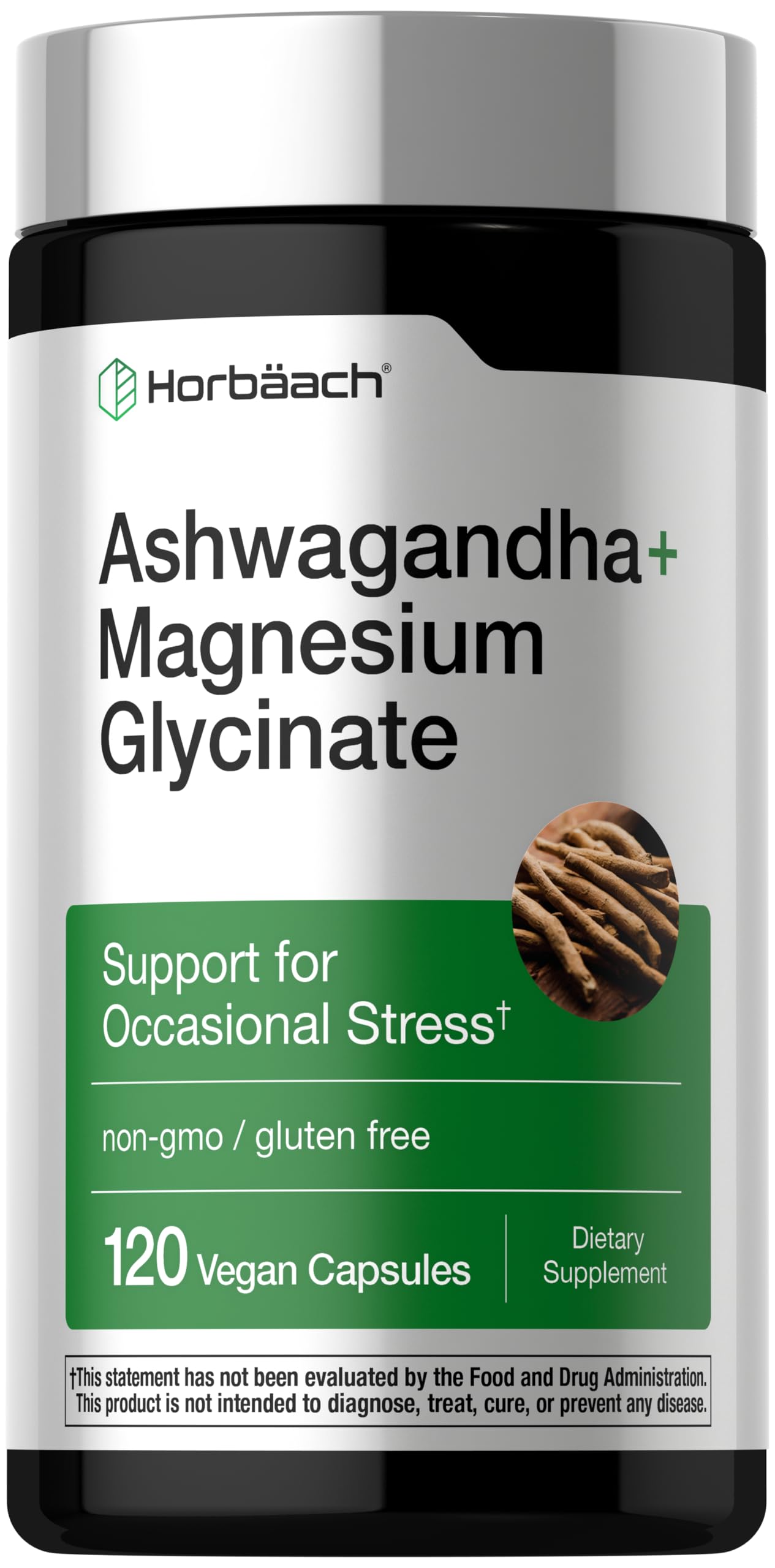 Horbaach Ashwagandha Magnésium Glycinate – capsules visibles sur table, soutien potentiel au stress.