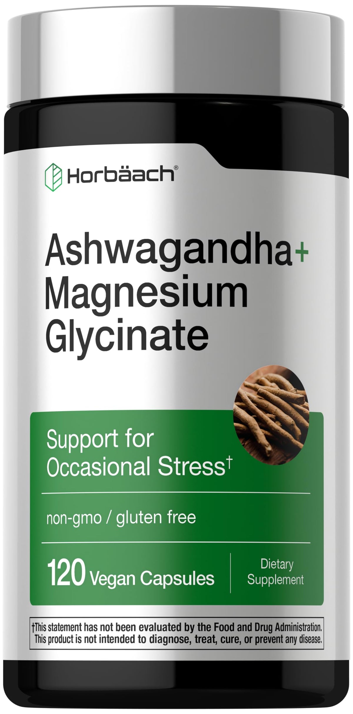 Horbaach Ashwagandha Magnésium Glycinate – capsules visibles sur table, soutien potentiel au stress.