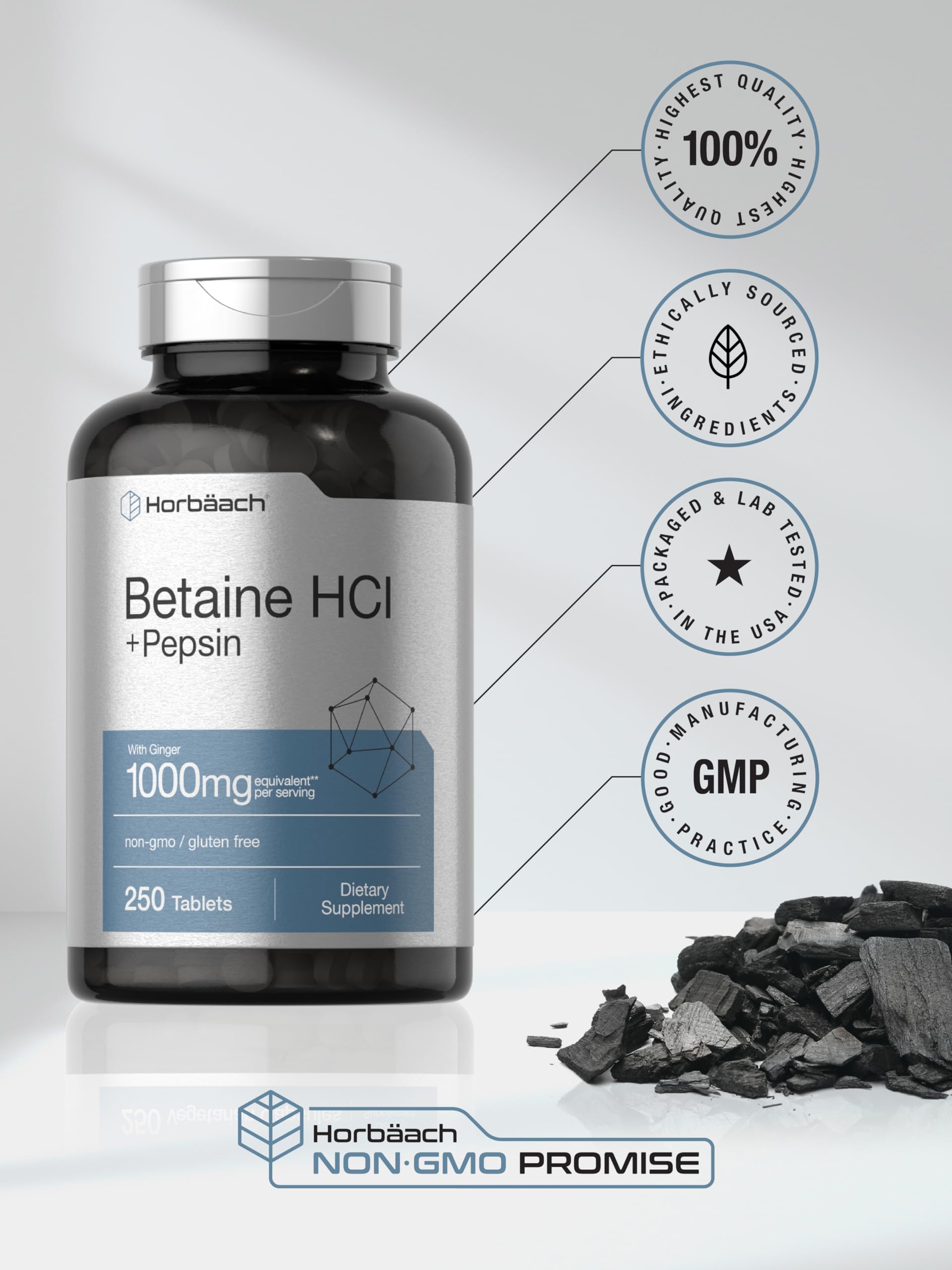 Tablettes Horbaach Betaine HCl démontrant le format pratique et le dosage suggéré
