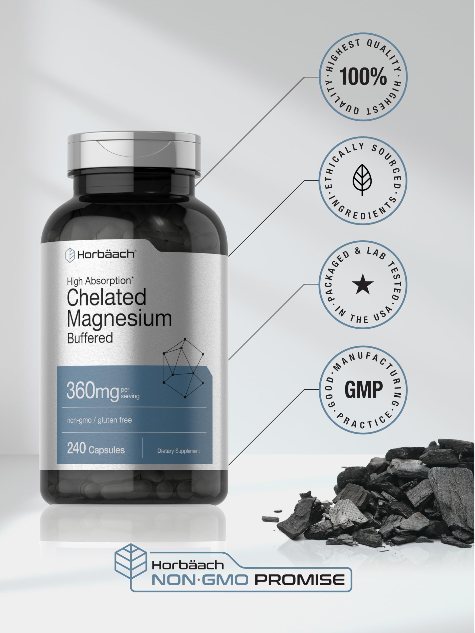 Capsules Horbaach magnésium-chelate, dosage quotidien facilité.