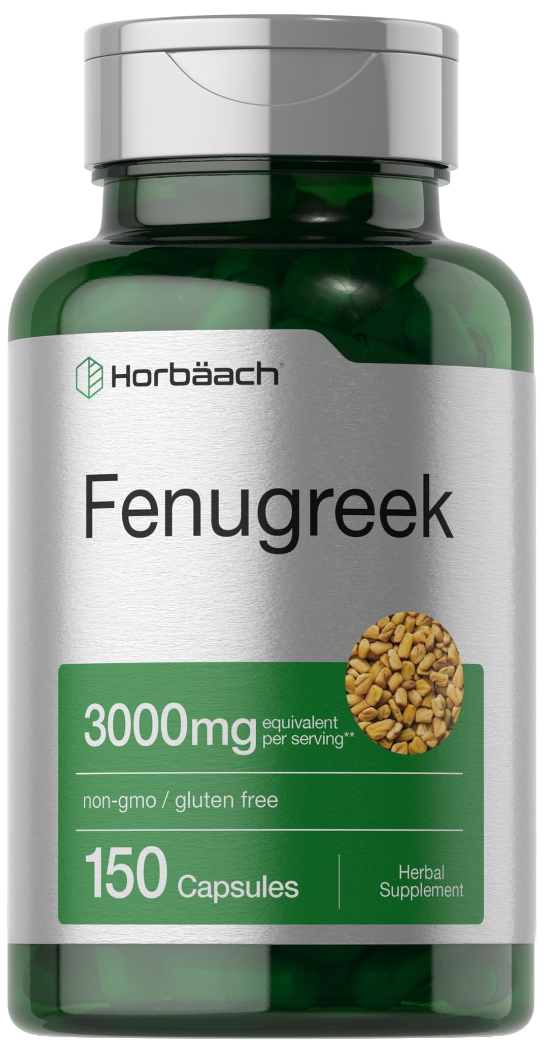 Capsules Horbäach de fenugrec dans une bouteille, usage quotidien potentiel pour un régime équilibré.