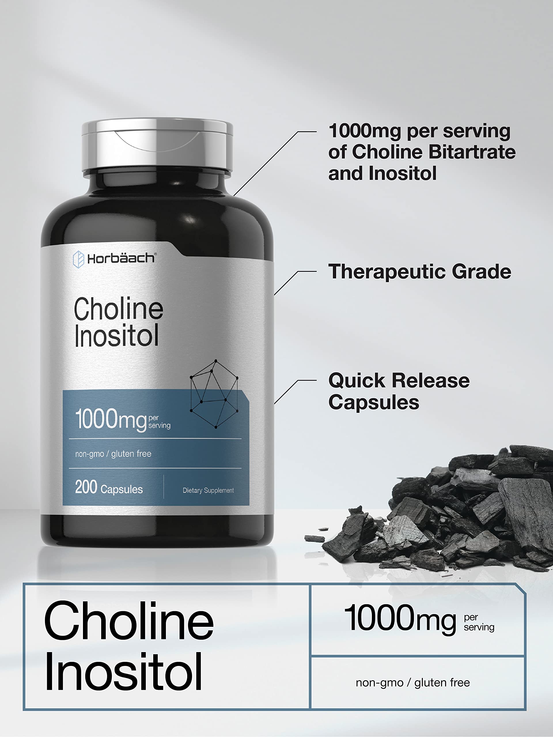Horbaach Choline Inositol 1000 mg – gélules pleines faciles à prendre.