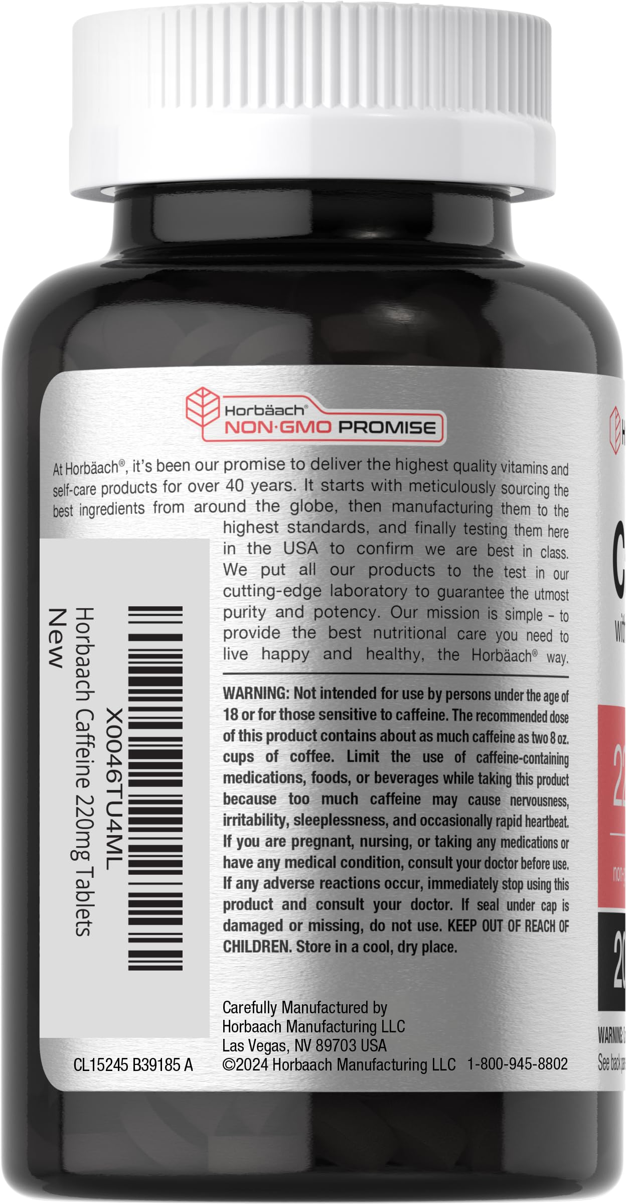 Comprimés Horbäach Caféine 200 mg affichant une formule pharmaceutique de haute qualité.