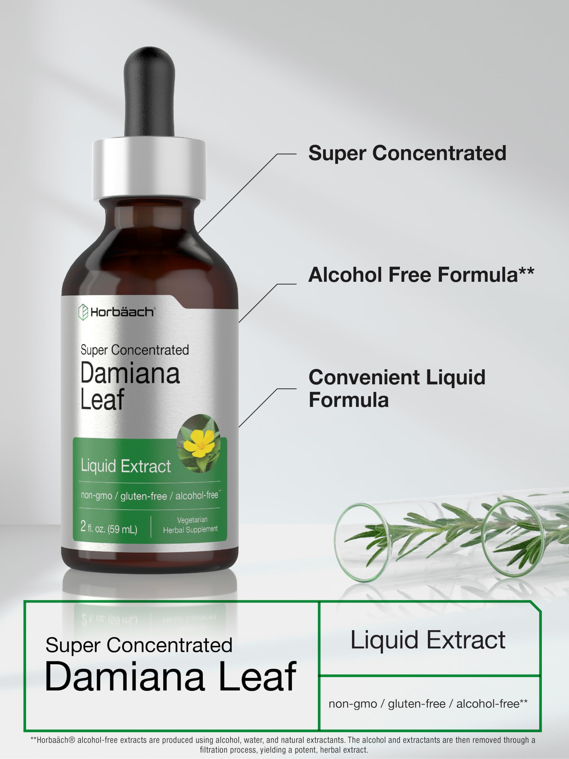 Bouteille Horbaach Damiana – gouttes prêtes à ajouter à une boisson.