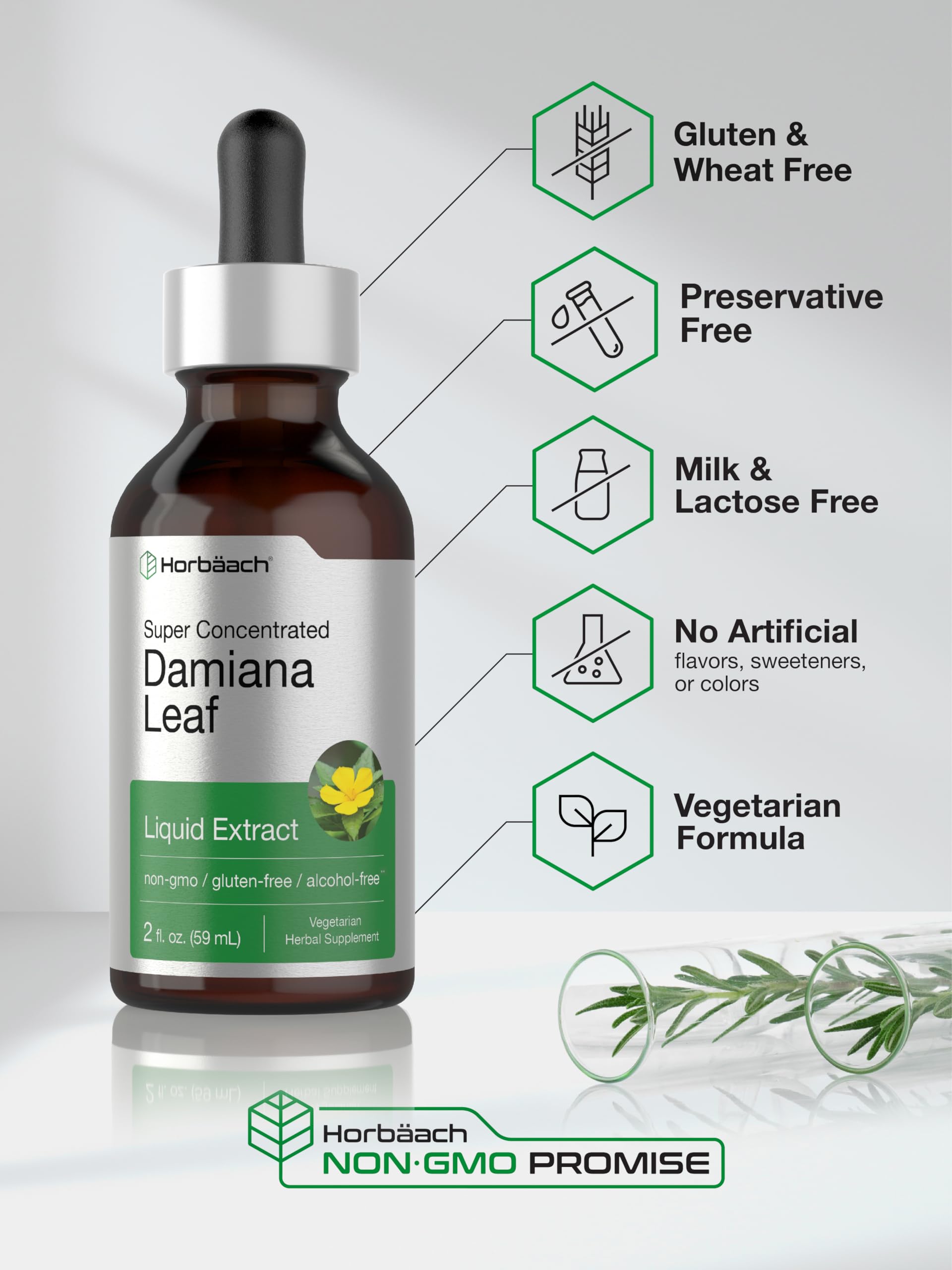 Étiquette Damiana Horbaach – formulation sans gluten et sans OGM.