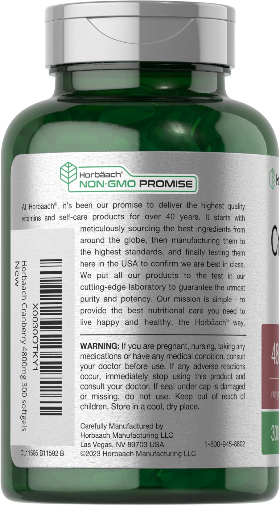 Horbäach Cranberry: étiquette sans OGM et ingrédients traçables.