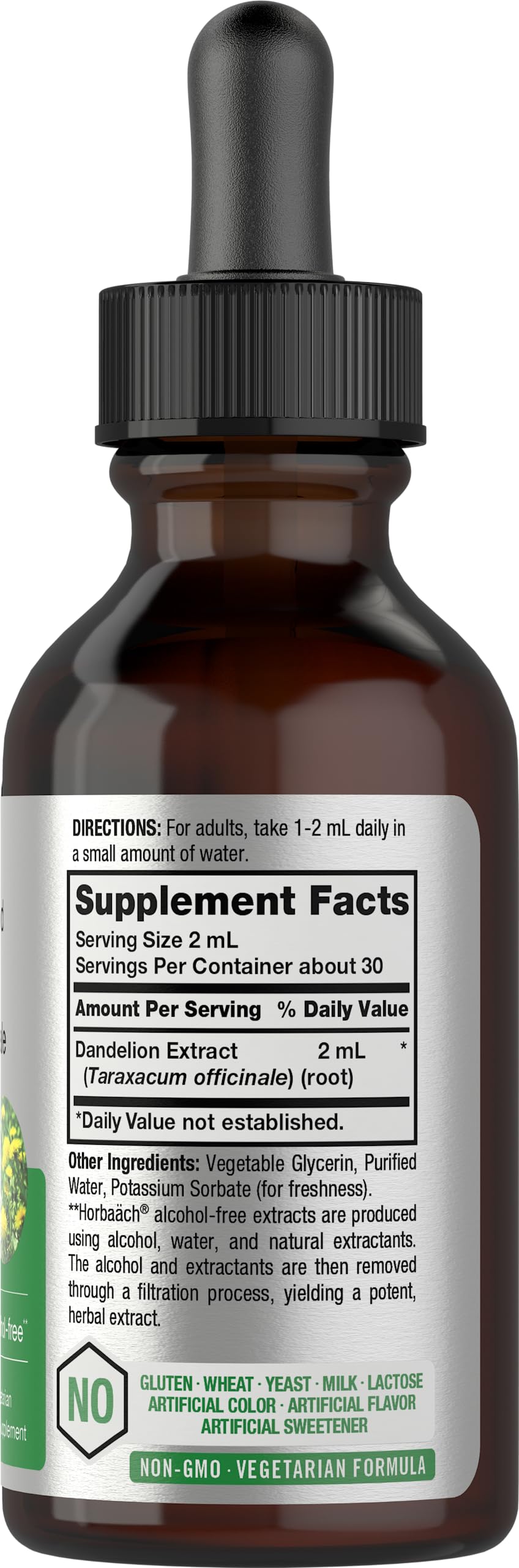 Horbaach Extrait racine pissenlit, bouteille 60ml sans alcool, dosage pratique.