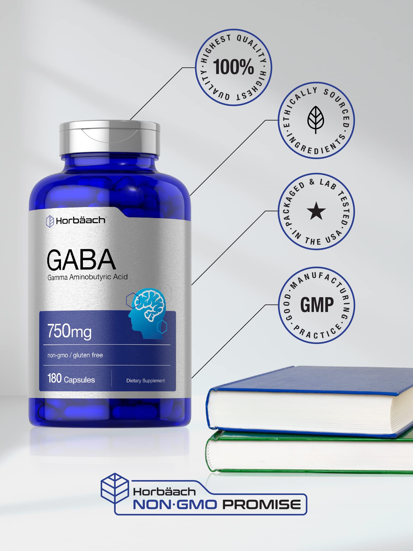 Emballage de qualité Horbaach GABA 750 mg, sans gluten et sans OGM.