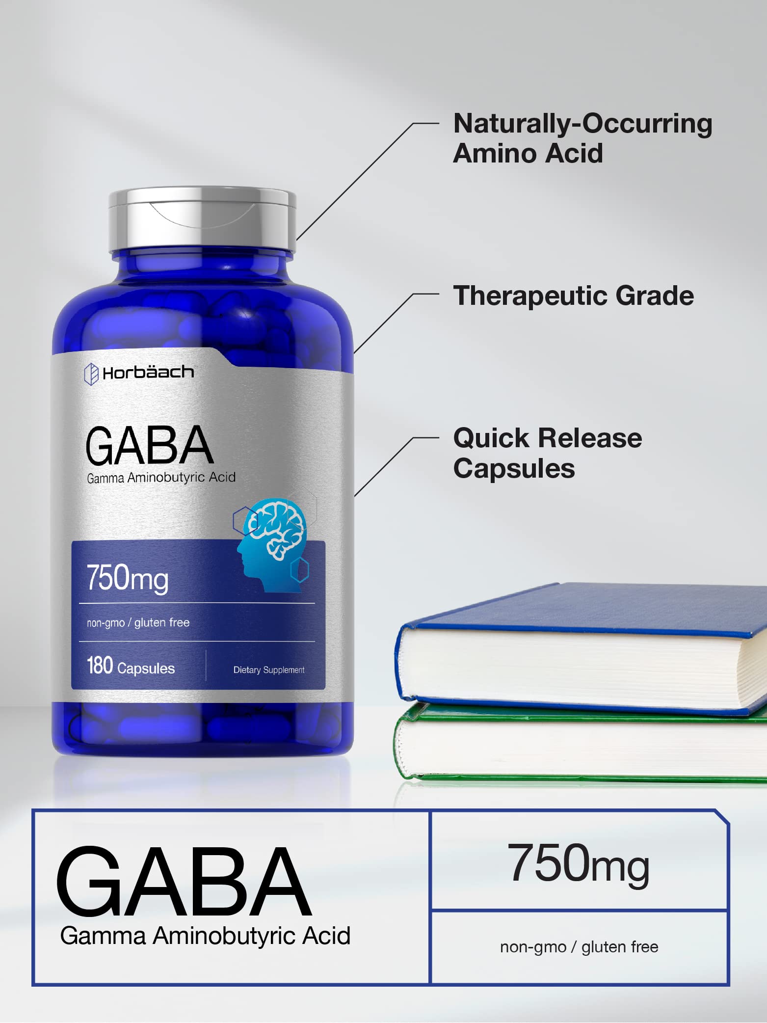 Étiquette Horbaach GABA 750 mg, informations claires pour l’utilisation.